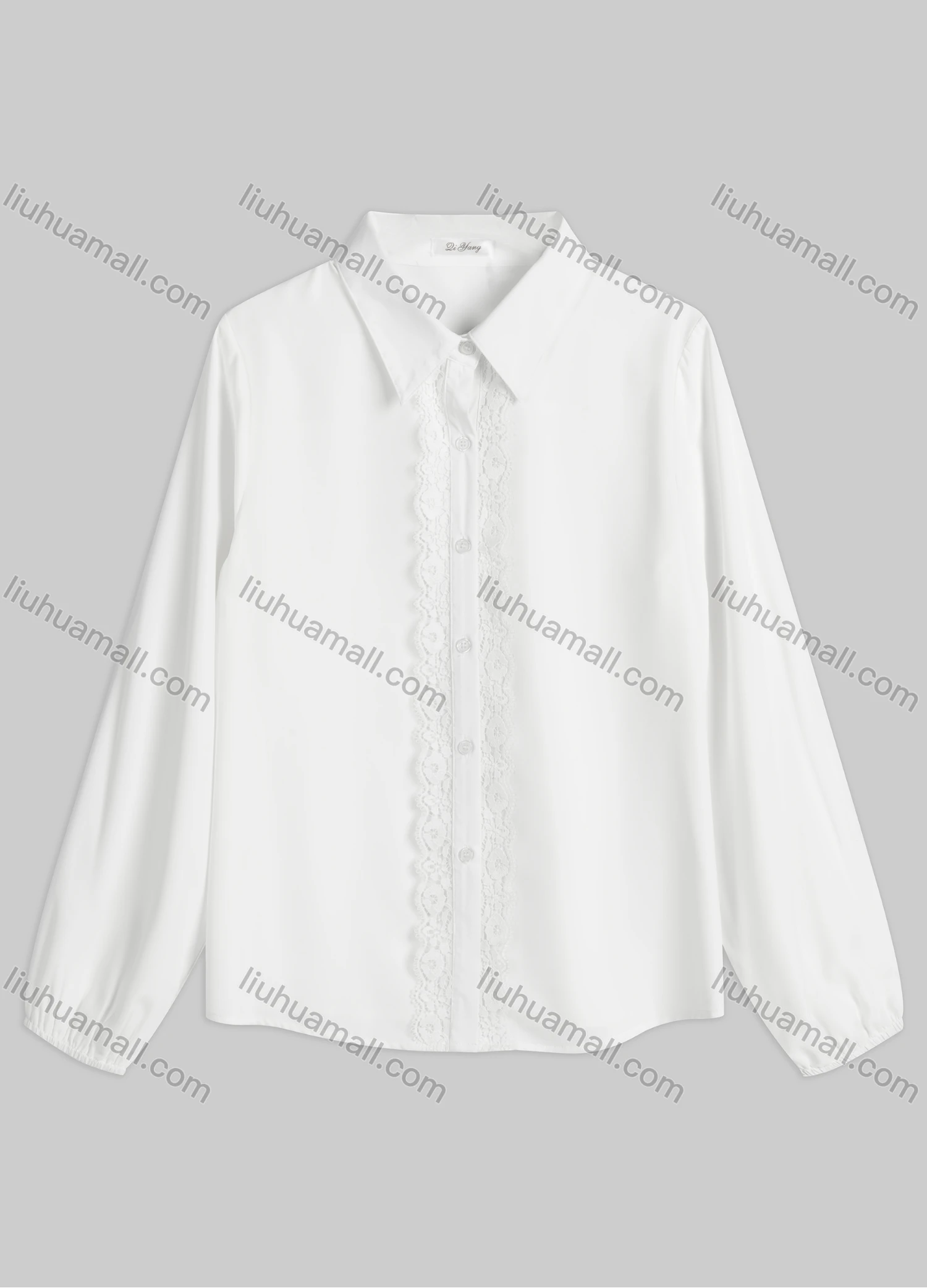 Wholesale Women's Casual Plain Collared Lace Trim Long Sleeve Button Down Blouse - Liuhuamall