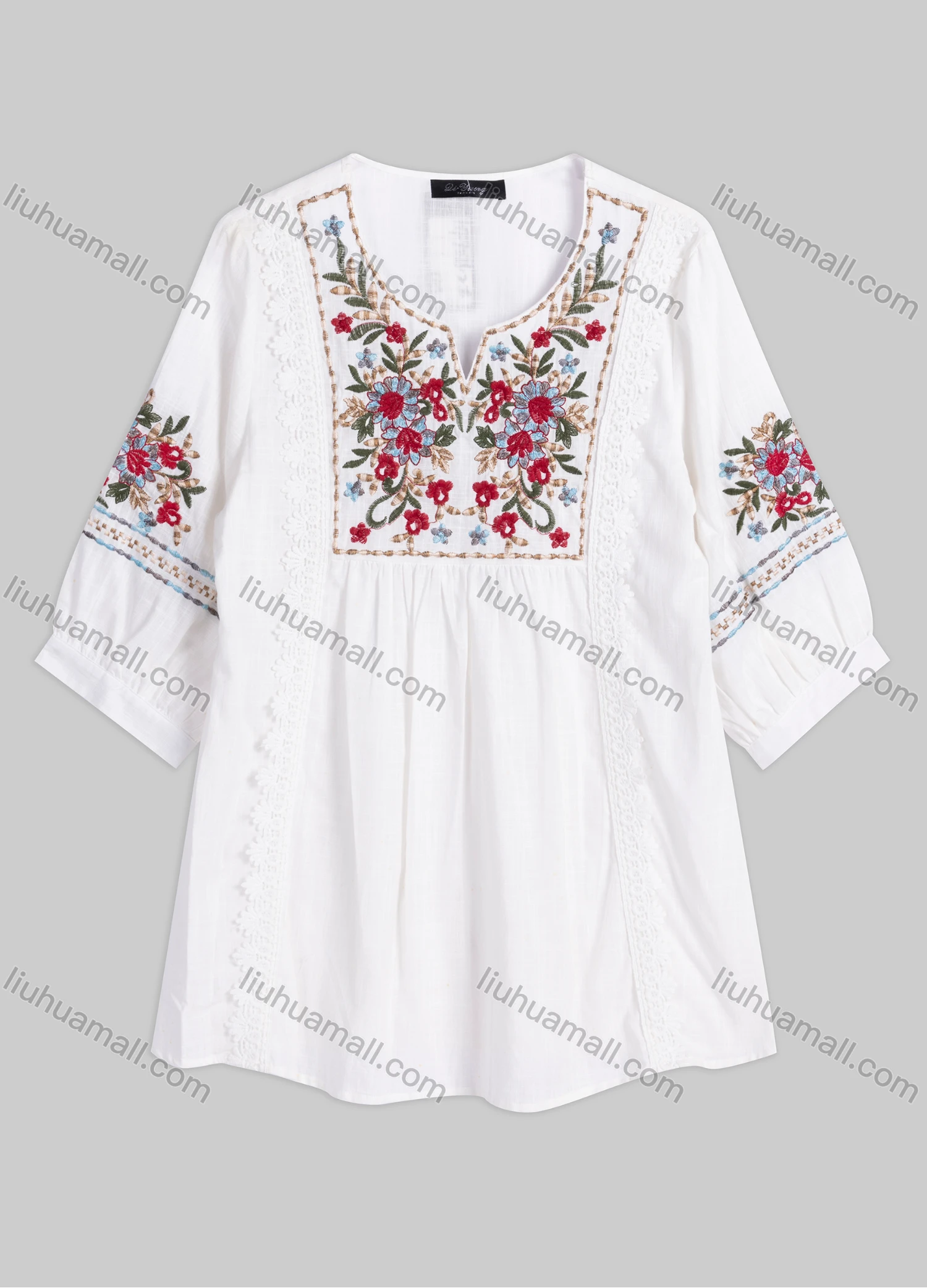 Wholesale Women's Casual Floral Ruched Notched Neck Lace Trim Half Sleeve Blouse A127# - Liuhuamall