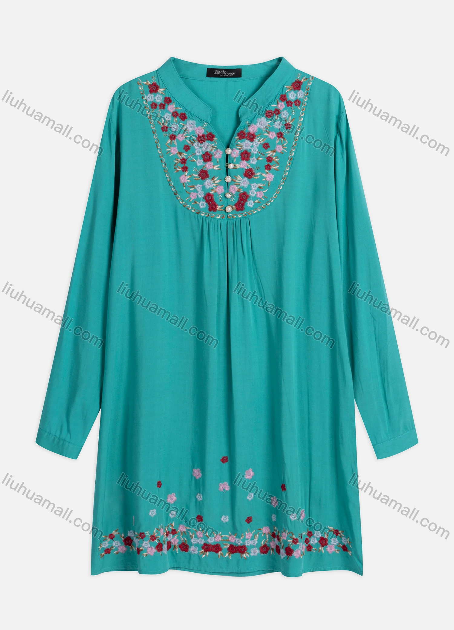 Wholesale Women's Casual Floral Embroidered Ruched Pearl Decor Notched Neck Long Sleeve Tunic ZT3023-2 - Liuhuamall