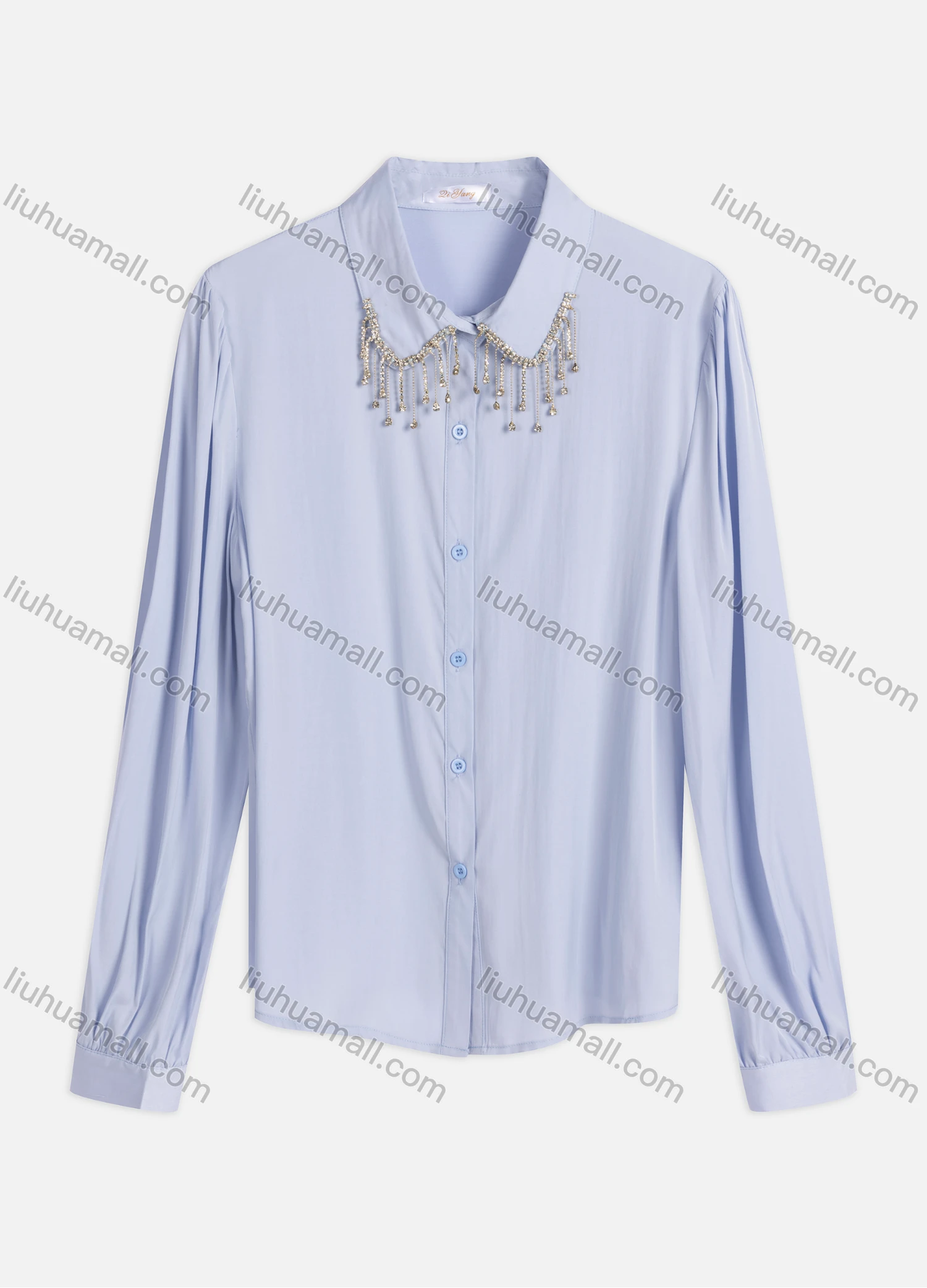 Wholesale Women's Casual Plain Collared Ruched Rhinestone Button Down Long Sleeve Blouse - Liuhuamall