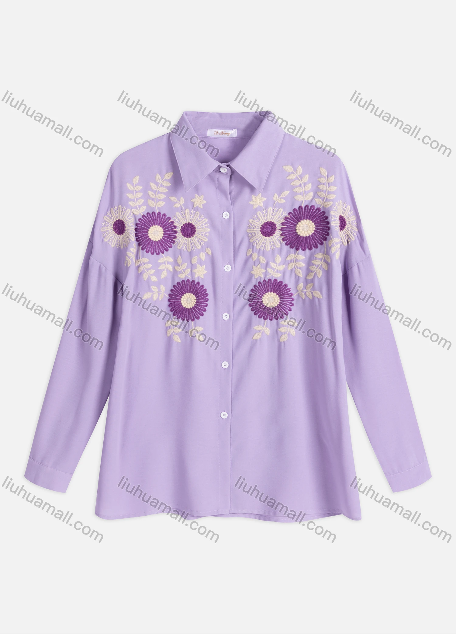 Wholesale Women's Casual Floral Embroidered Collared Drop Shoulder Button Down Long Sleeve Blouse LH55-1 - Liuhuamall