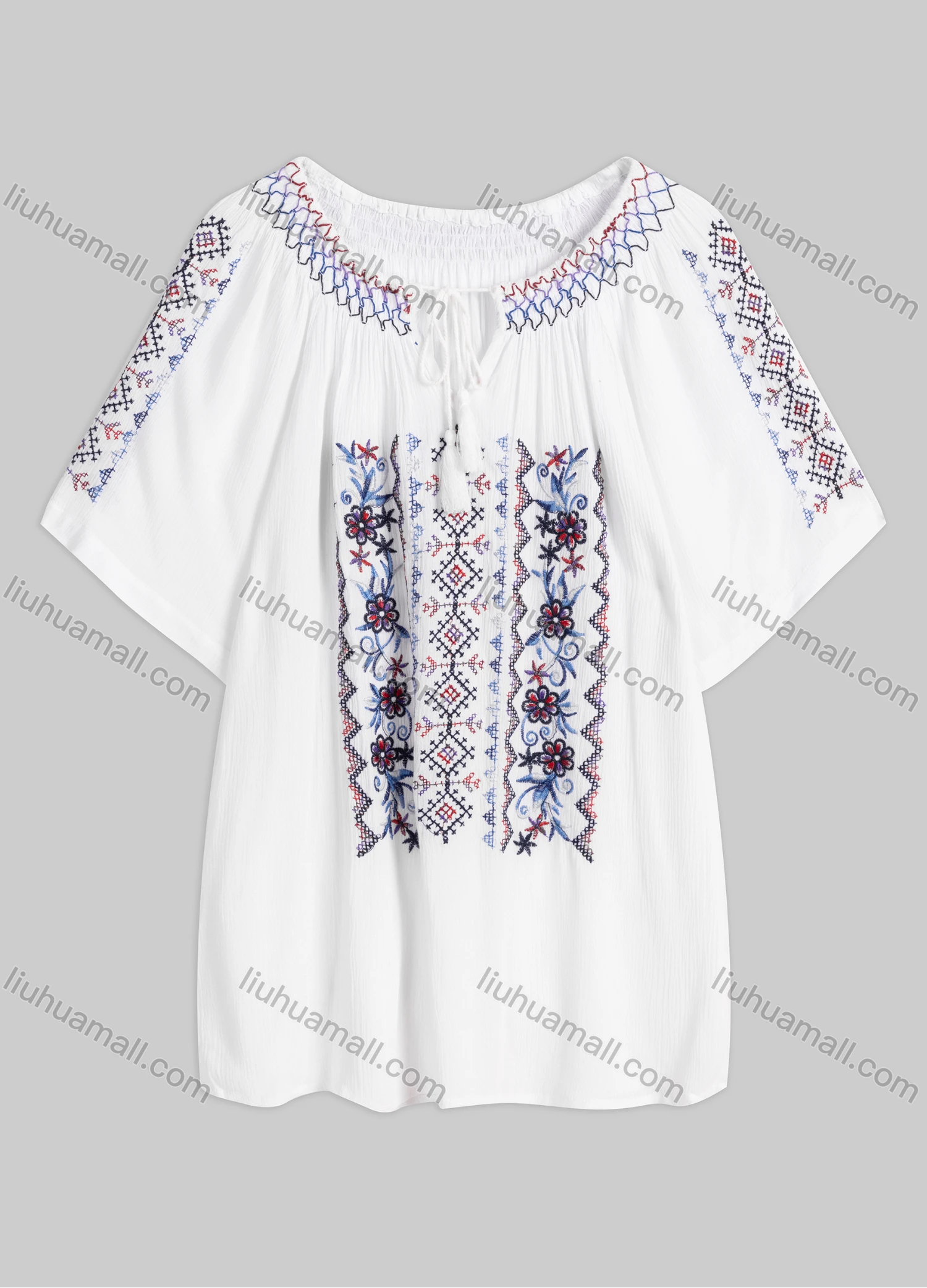 Wholesale Women's Casual Floral Tie Neck Shirred Ruched Short Sleeve Blouse HF8961-2 - Liuhuamall