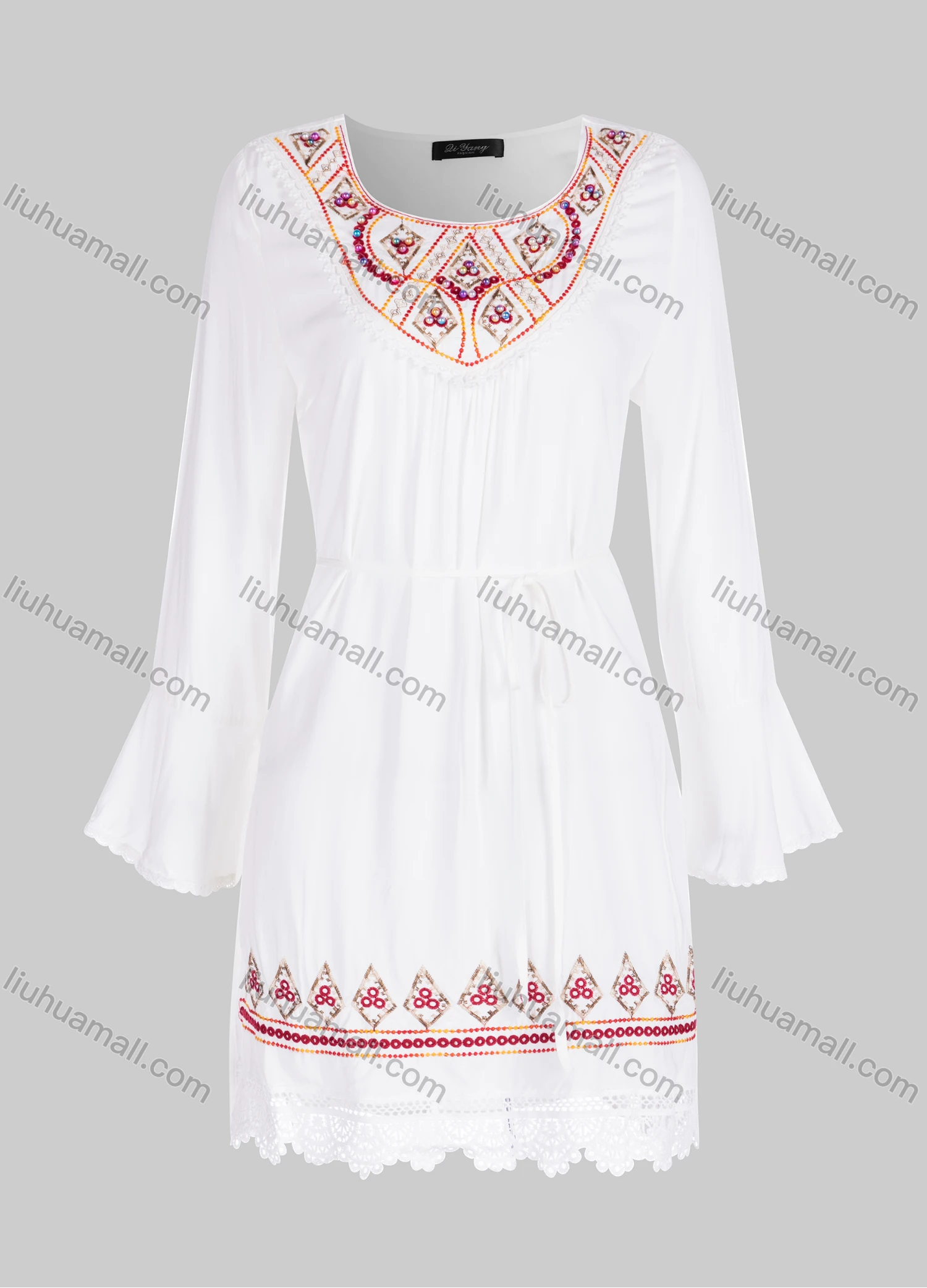 Wholesale Women's Casual Pearl Decor Ruched Lace Trim Scoop Neck Drawstring Long Sleeve Tunic A359# - Liuhuamall