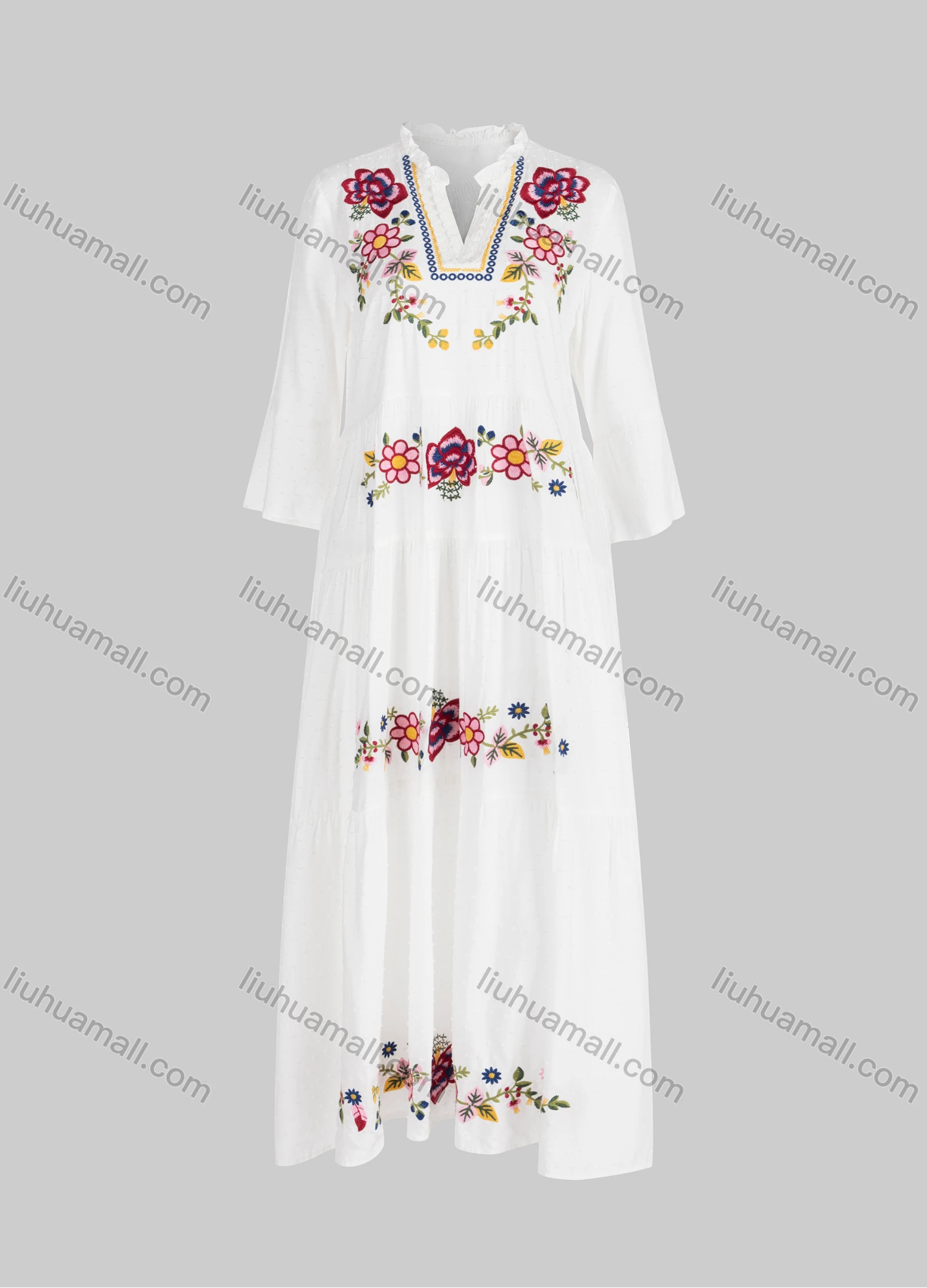 Wholesale Women's Casual Floral Ruched Lace Trim Notched Neck Ruffle Sleeve Midi Dress - Liuhuamall