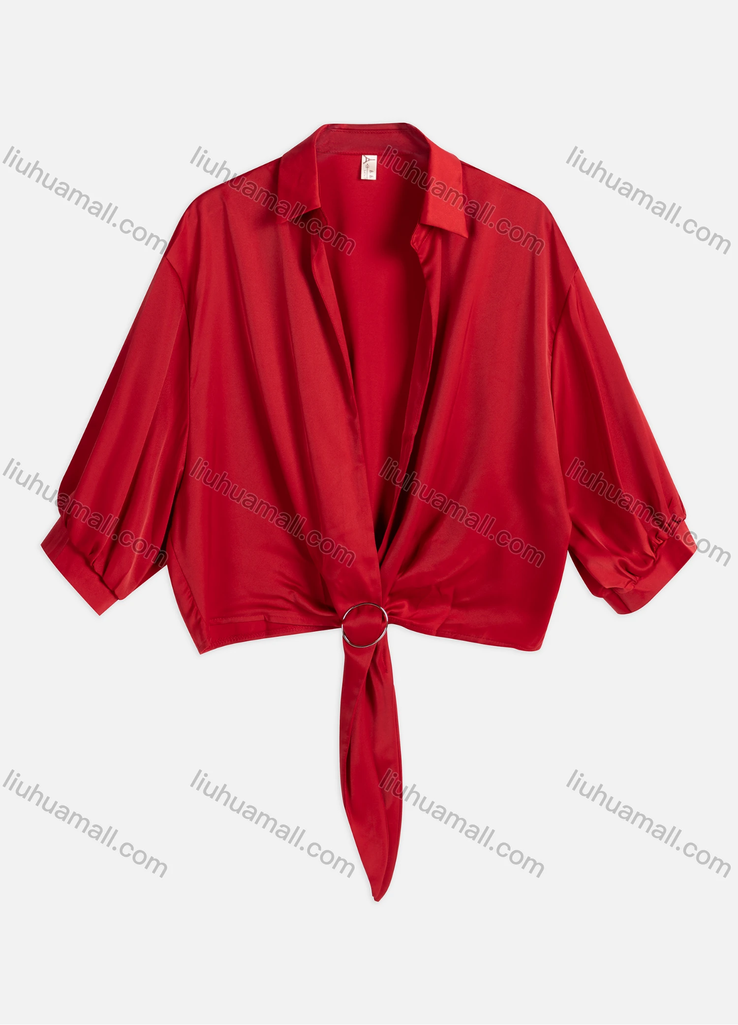Wholesale Women's Summer Plain Ring Decor Casual 3/4 Sleeve Collared Crop Top 8831# - Liuhuamall