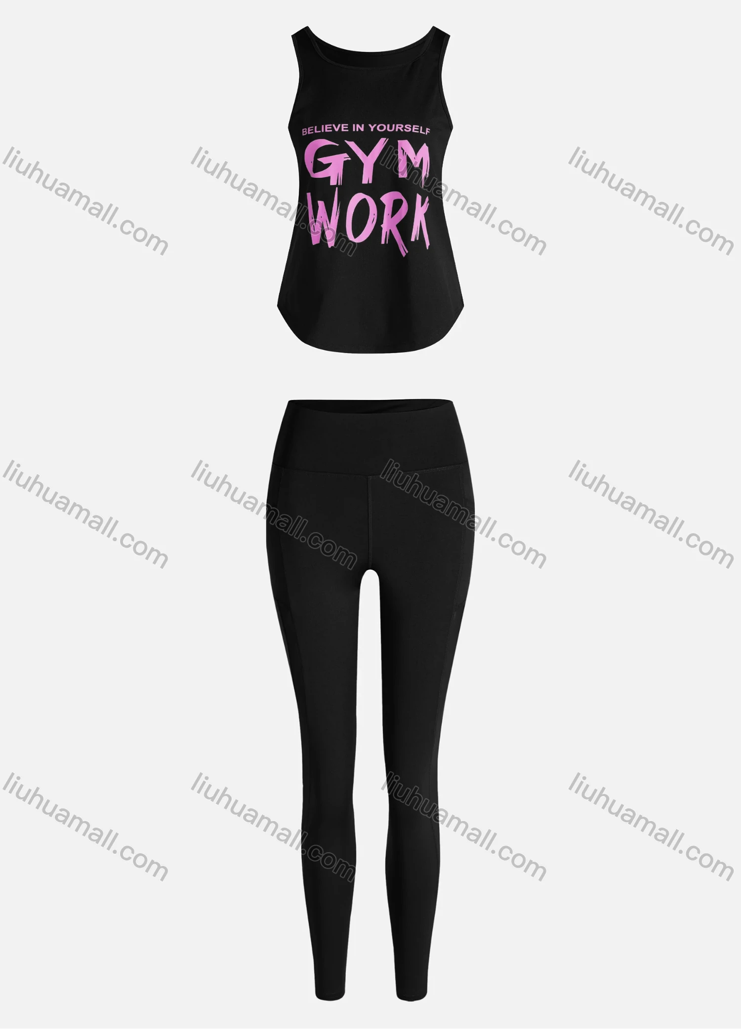Wholesale Women's Sporty Breathable Quick Dry Letter Tank Top & High Waist Leggings 2 Piece Yoga Workout Outfits 1009#&1014# - Liuhuamall
