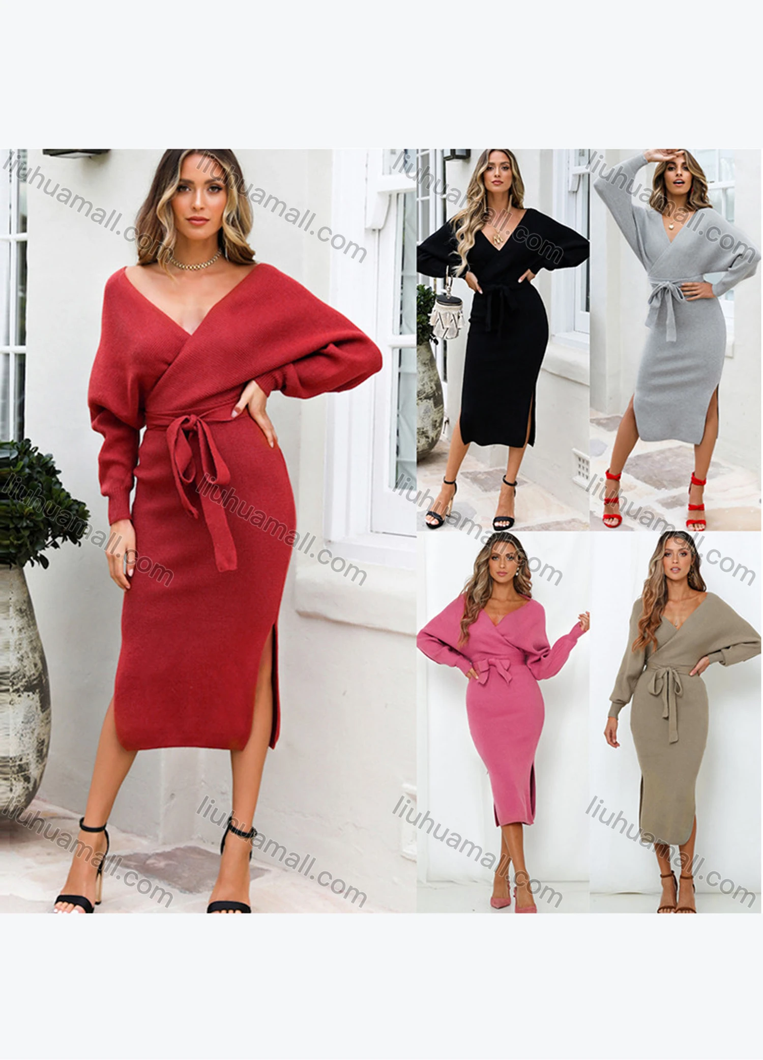 Wholesale Women's Fashion Plain Split Side Wrap Open Back Long Sleeve Knit Midi Dress With Belt - Liuhuamall