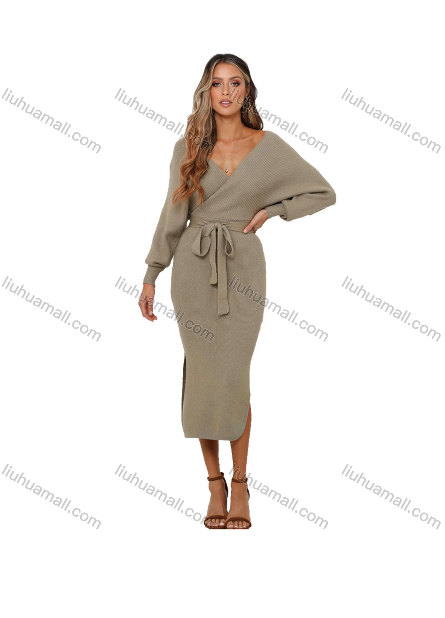 Wholesale Women's Fashion Plain Split Side Wrap Open Back Long Sleeve Knit Midi Dress With Belt - Liuhuamall