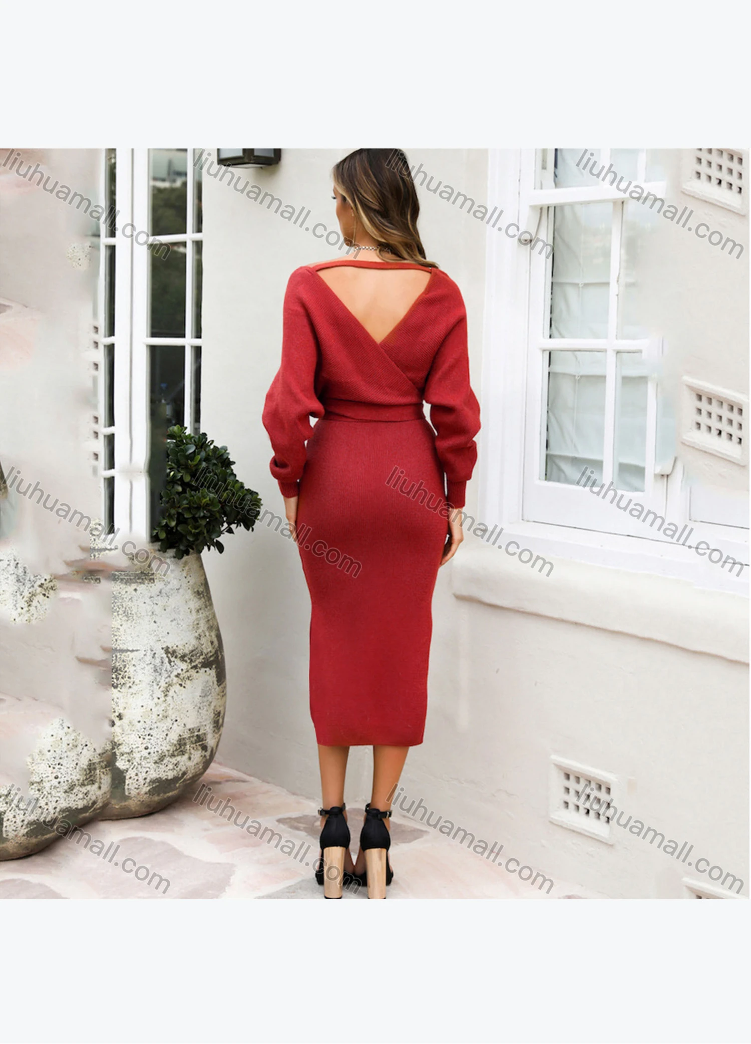 Wholesale Women's Fashion Plain Split Side Wrap Open Back Long Sleeve Knit Midi Dress With Belt - Liuhuamall