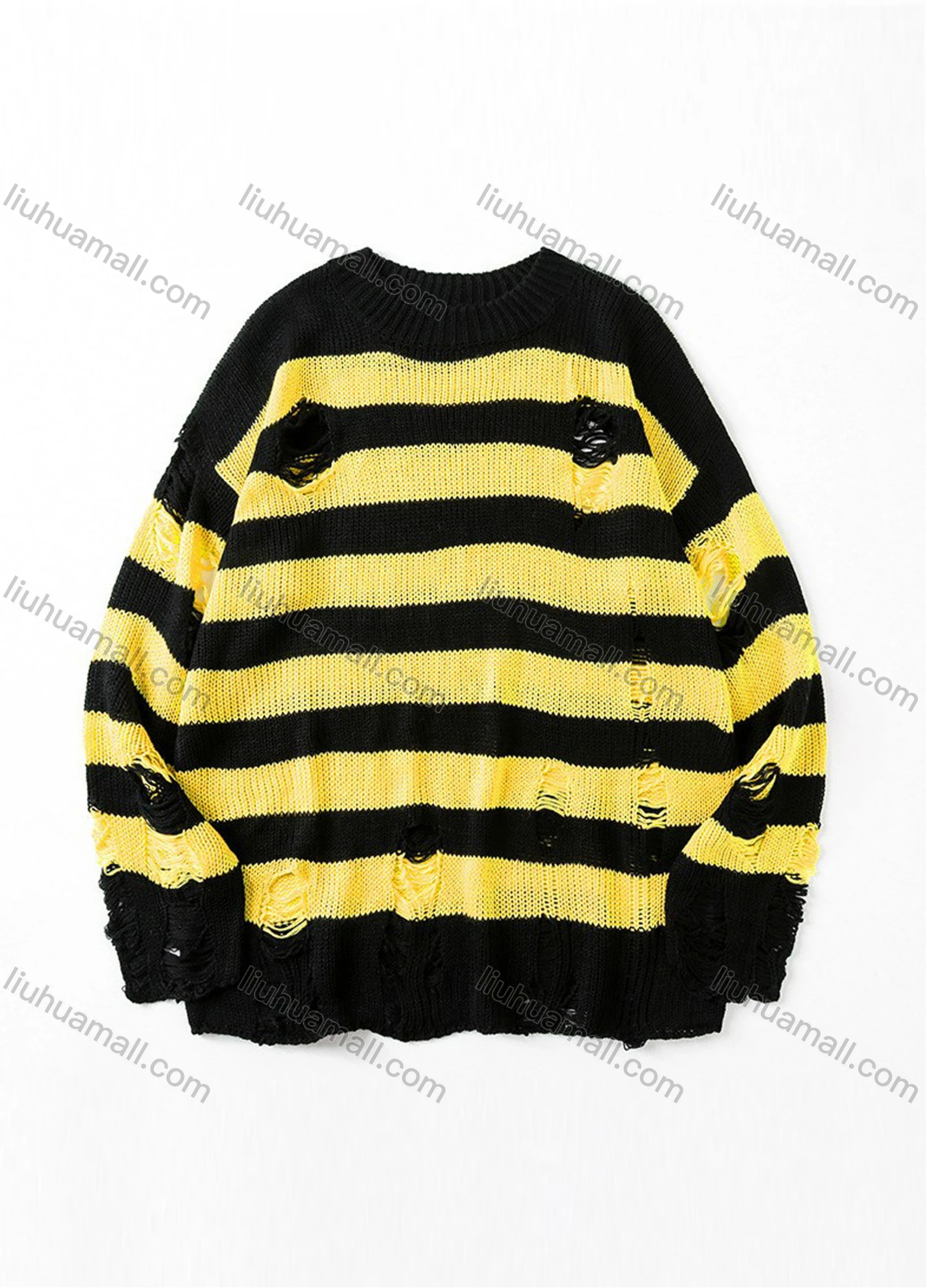 Wholesale Men's Fashion Unisex Striped Ripped Round Neck Long Sleeve Knit Sweater - Liuhuamall