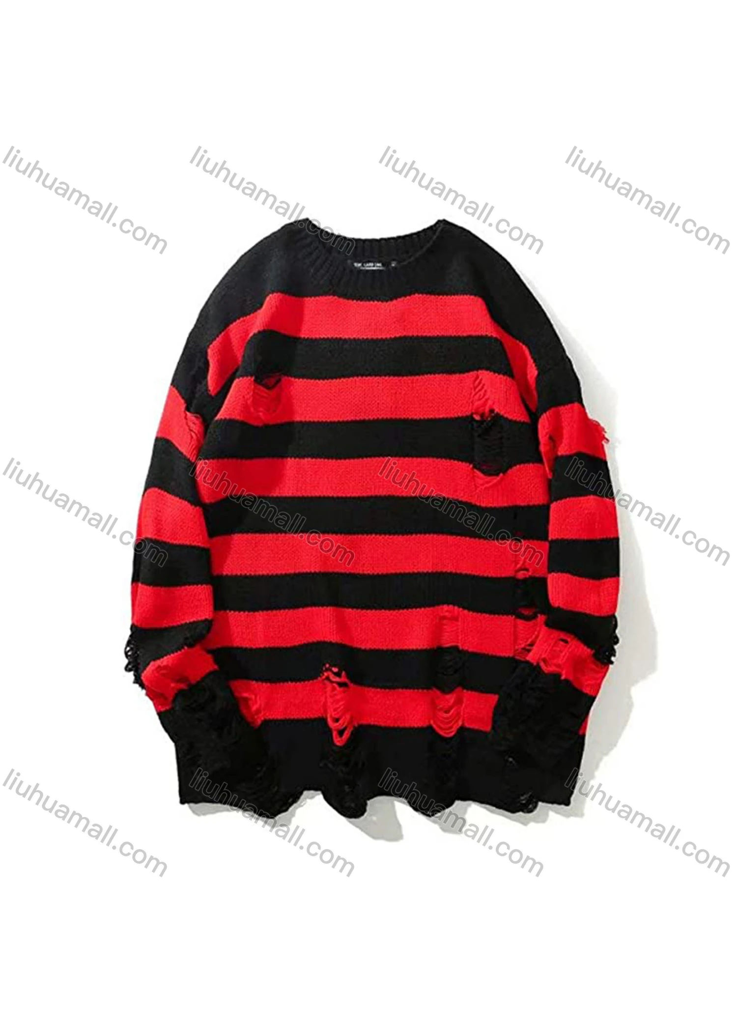 Wholesale Men's Fashion Unisex Striped Ripped Round Neck Long Sleeve Knit Sweater - Liuhuamall