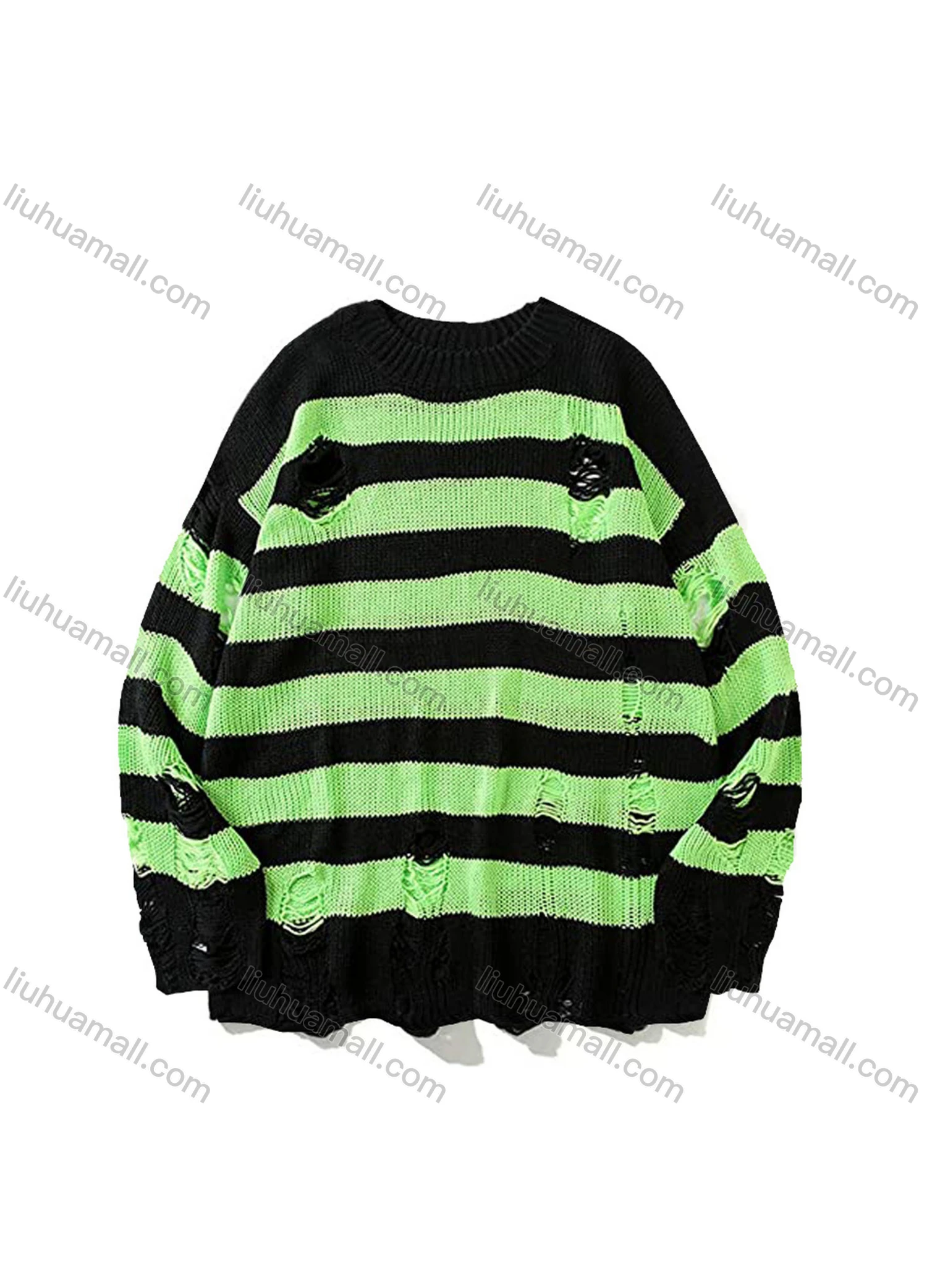 Wholesale Men's Fashion Unisex Striped Ripped Round Neck Long Sleeve Knit Sweater - Liuhuamall