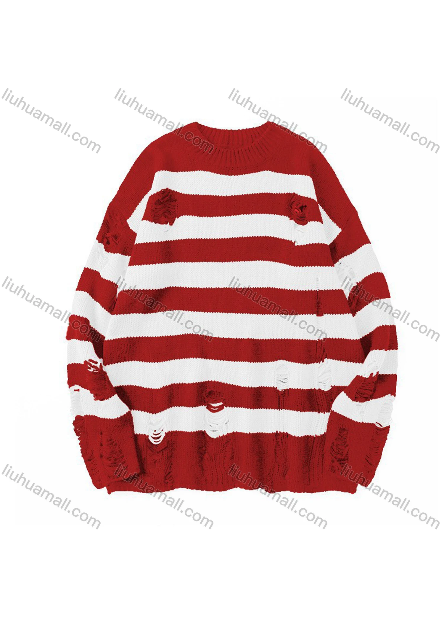 Wholesale Men's Fashion Unisex Striped Ripped Round Neck Long Sleeve Knit Sweater - Liuhuamall