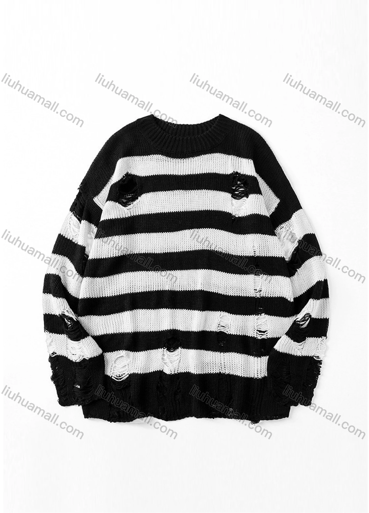 Wholesale Men's Fashion Unisex Striped Ripped Round Neck Long Sleeve Knit Sweater - Liuhuamall