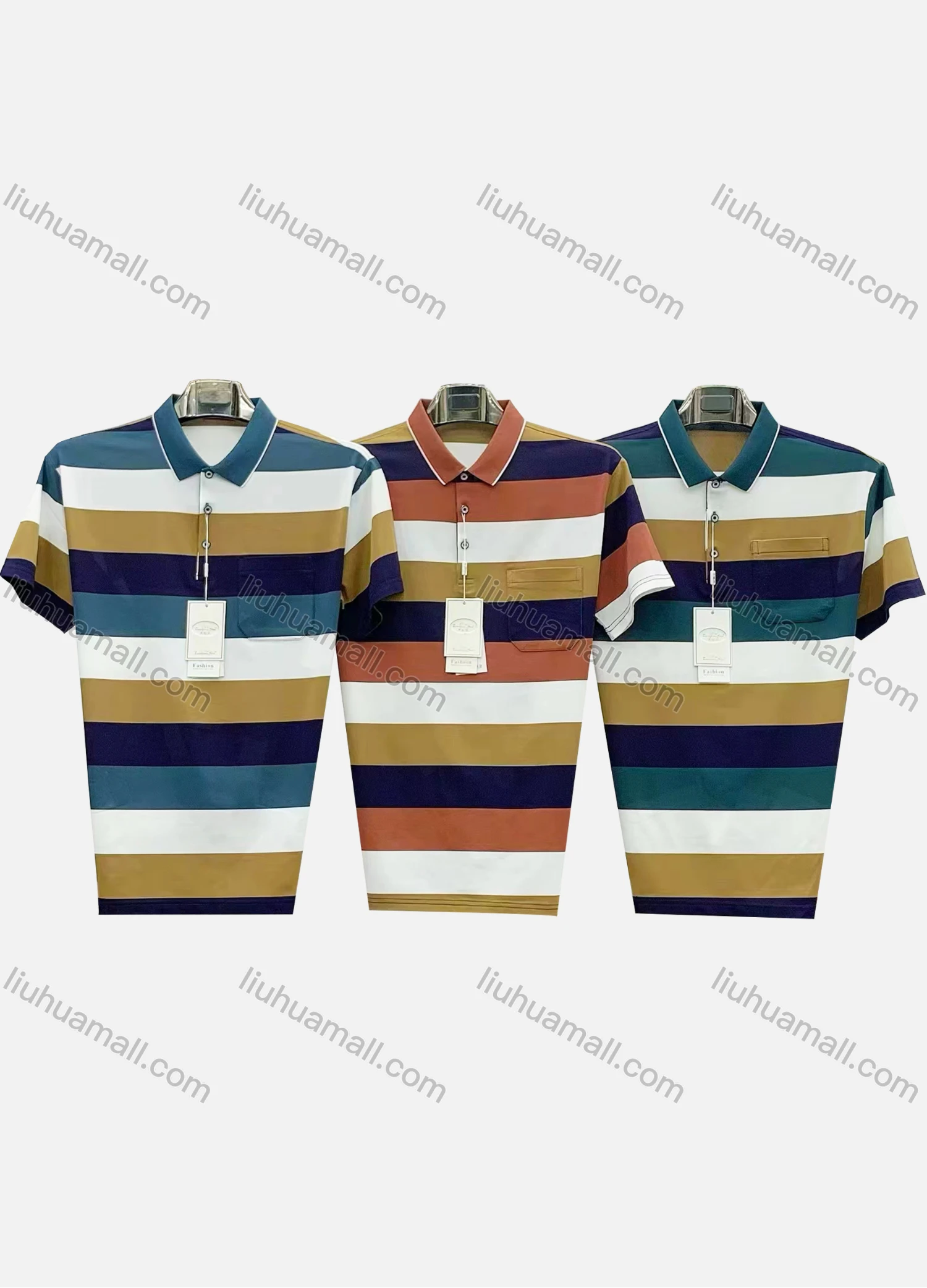 Wholesale Men's Casual Striped Colorblock Patch Pocket Short Sleeve Polo Shirt 3806# - Liuhuamall