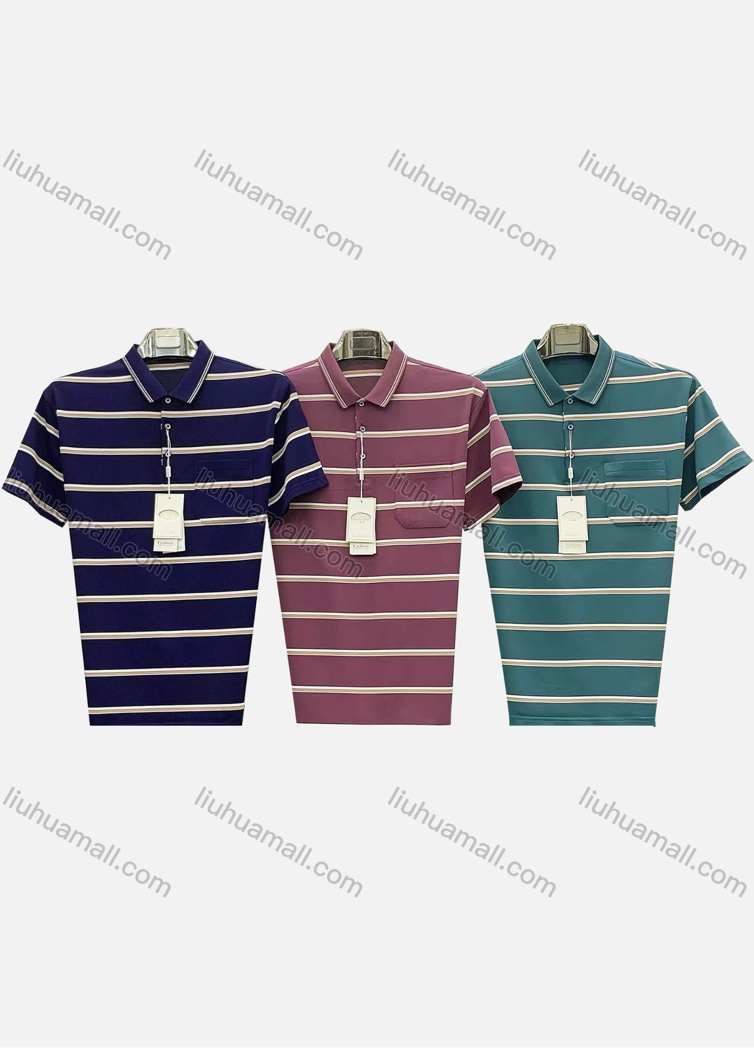 Wholesale Men's Casual Striped Patch Pocket Short Sleeve Polo Shirt 3804# - Liuhuamall