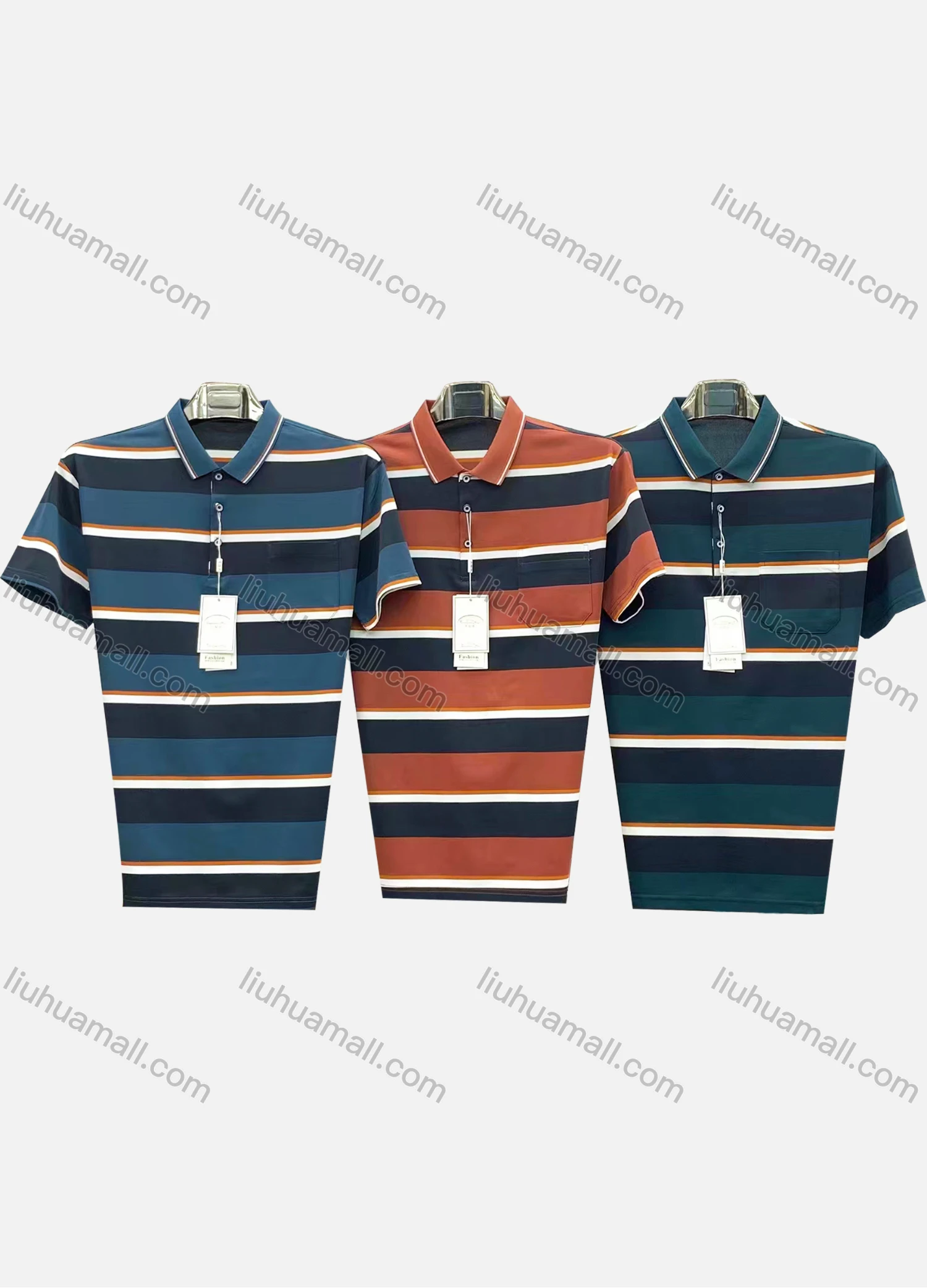 Wholesale Men's Casual Striped Colorblock Patch Pocket Short Sleeve Polo Shirt 3805# - Liuhuamall