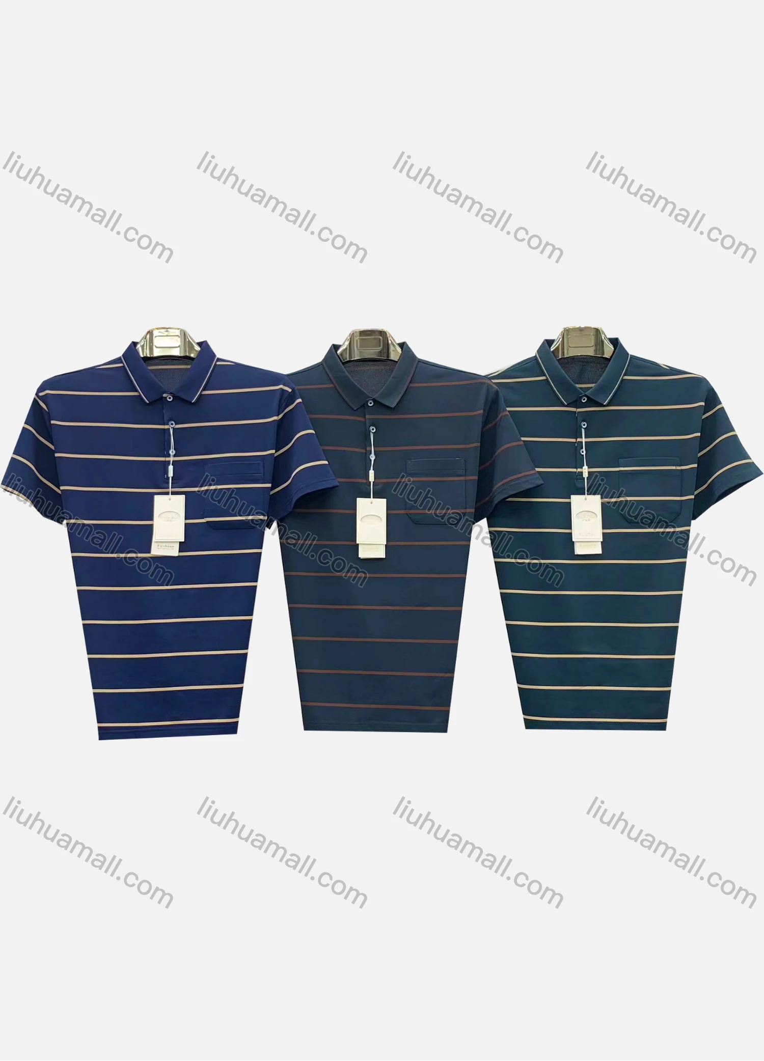 Wholesale Men's Casual Striped Patch Pocket Short Sleeve Polo Shirt 3802# - Liuhuamall
