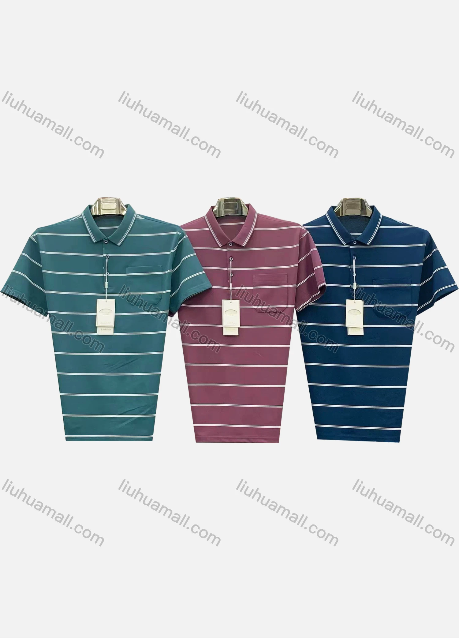 Wholesale Men's Casual Striped Patch Pocket Short Sleeve Polo Shirt 3801# - Liuhuamall