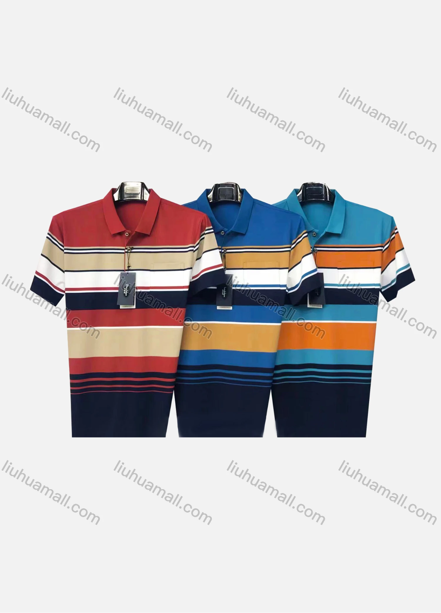 Wholesale Men's Casual Striped Colorblock Patch Pocket Short Sleeve Polo Shirt 301# - Liuhuamall