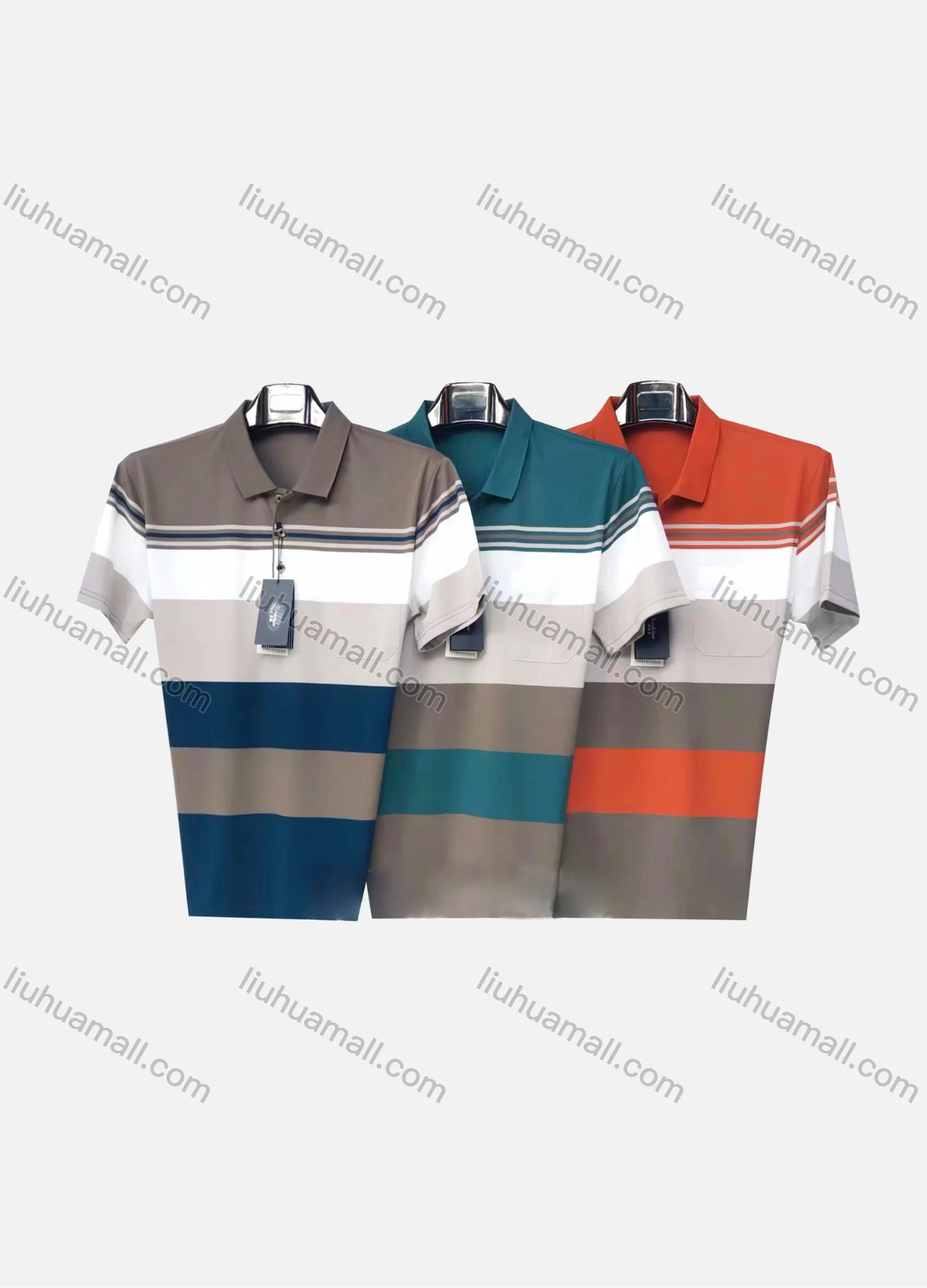 Wholesale Men's Casual Striped Colorblock Patch Pocket Short Sleeve Polo Shirt 302# - Liuhuamall