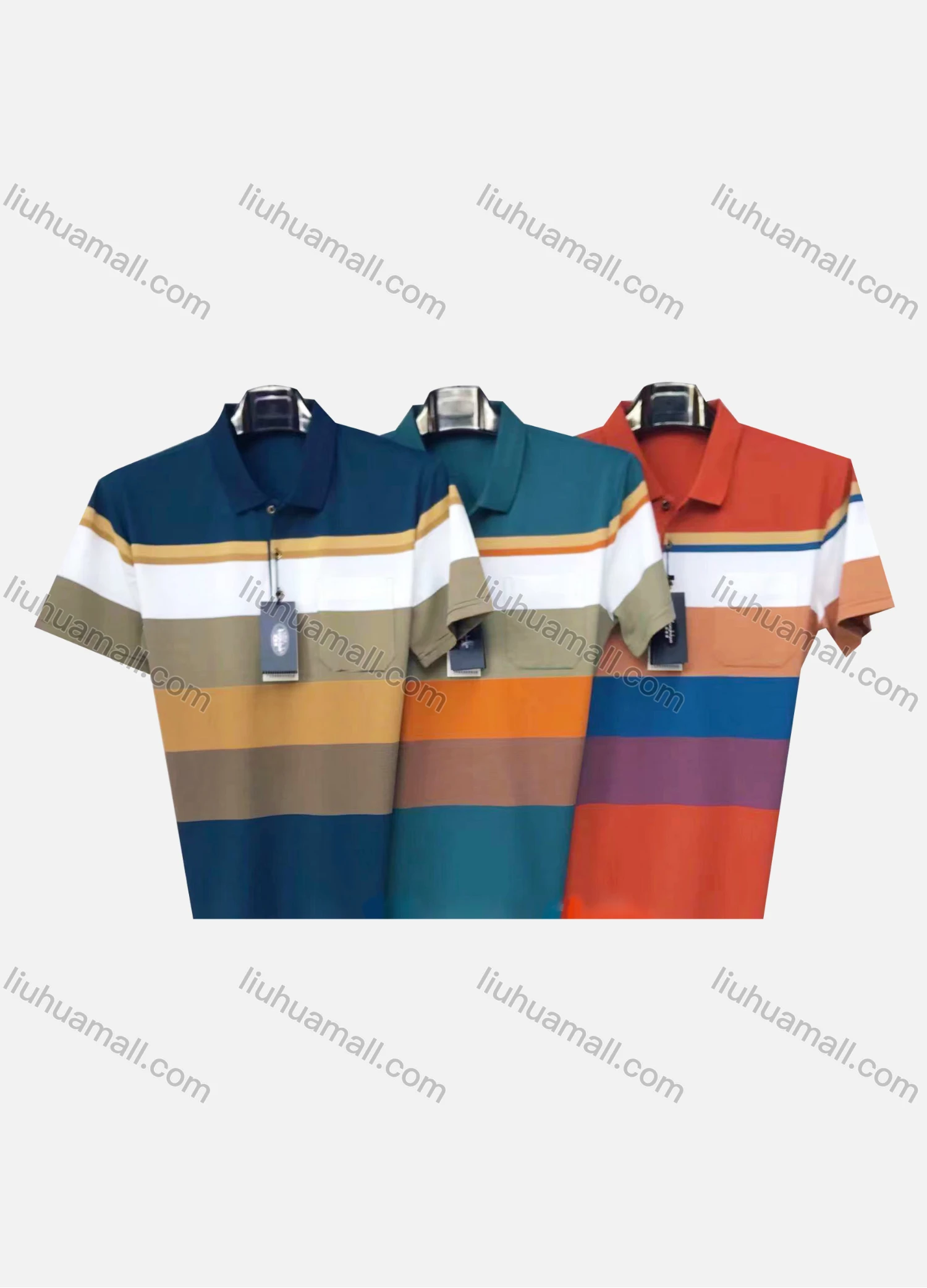 Wholesale Men's Casual Striped Colorblock Patch Pocket Short Sleeve Polo Shirt 305# - Liuhuamall
