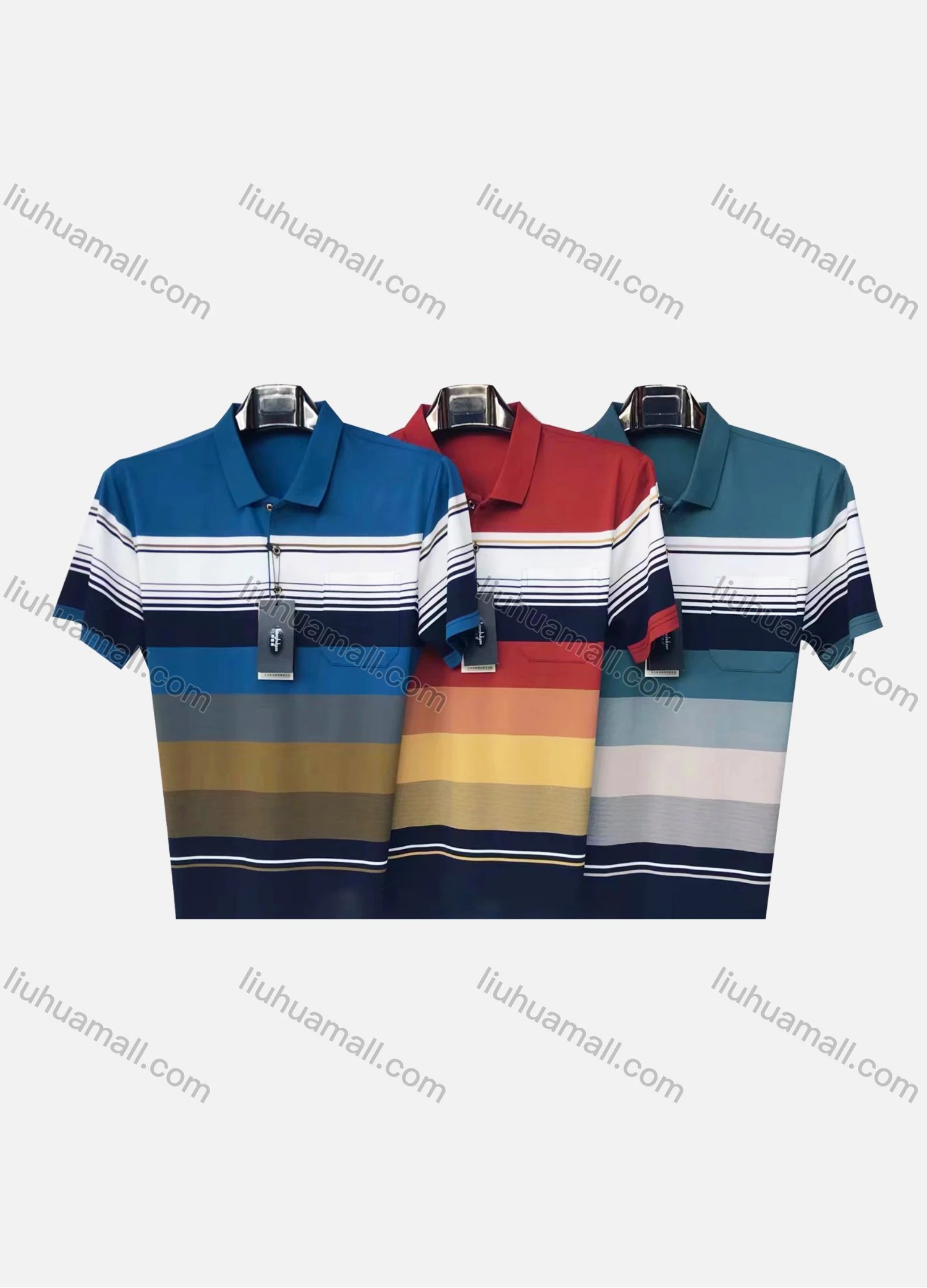 Wholesale Men's Casual Striped Colorblock Patch Pocket Short Sleeve Polo Shirt 303# - Liuhuamall