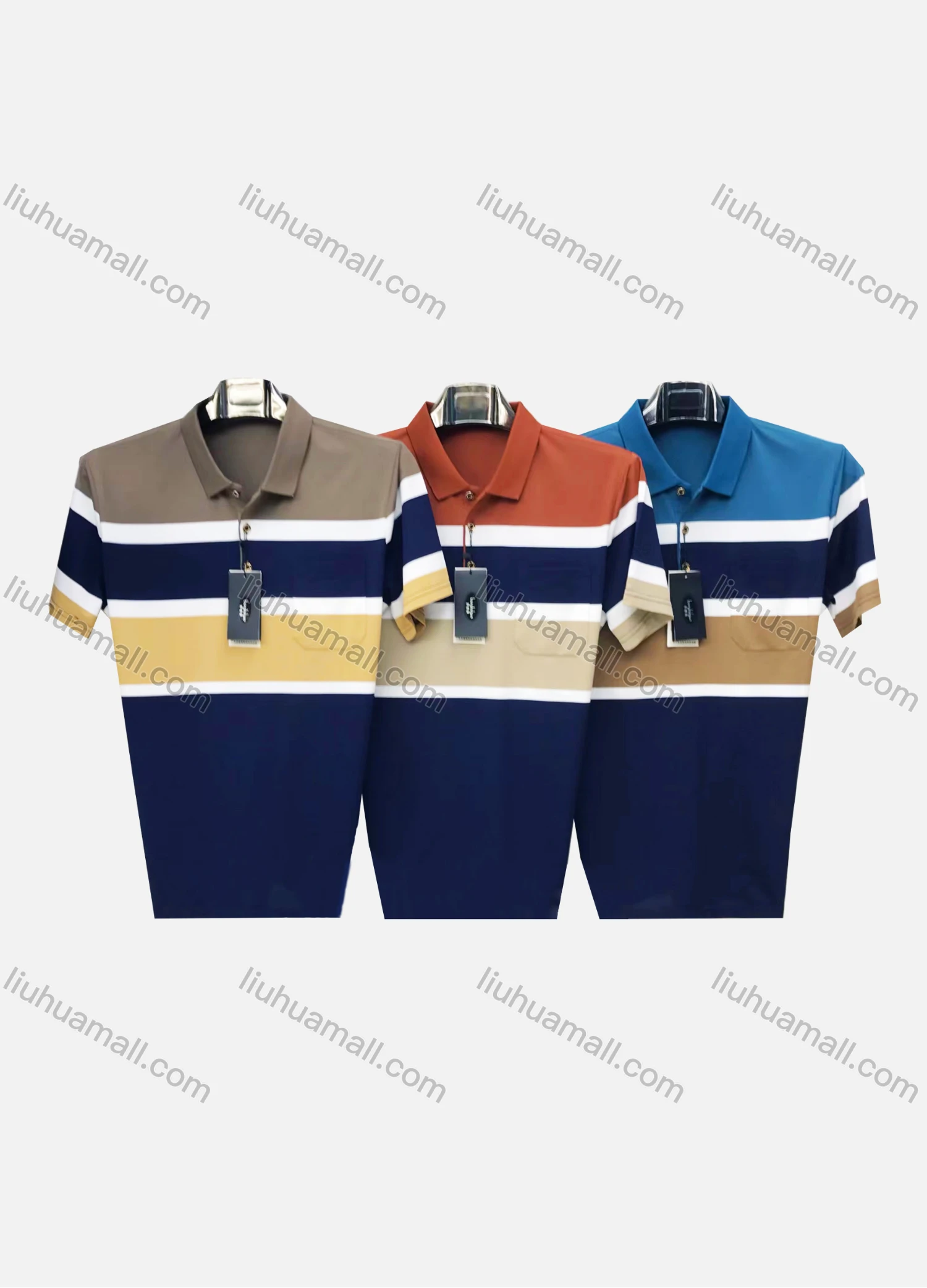 Wholesale Men's Casual Colorblock Striped Patch Pocket Short Sleeve Polo Shirt 309# - Liuhuamall
