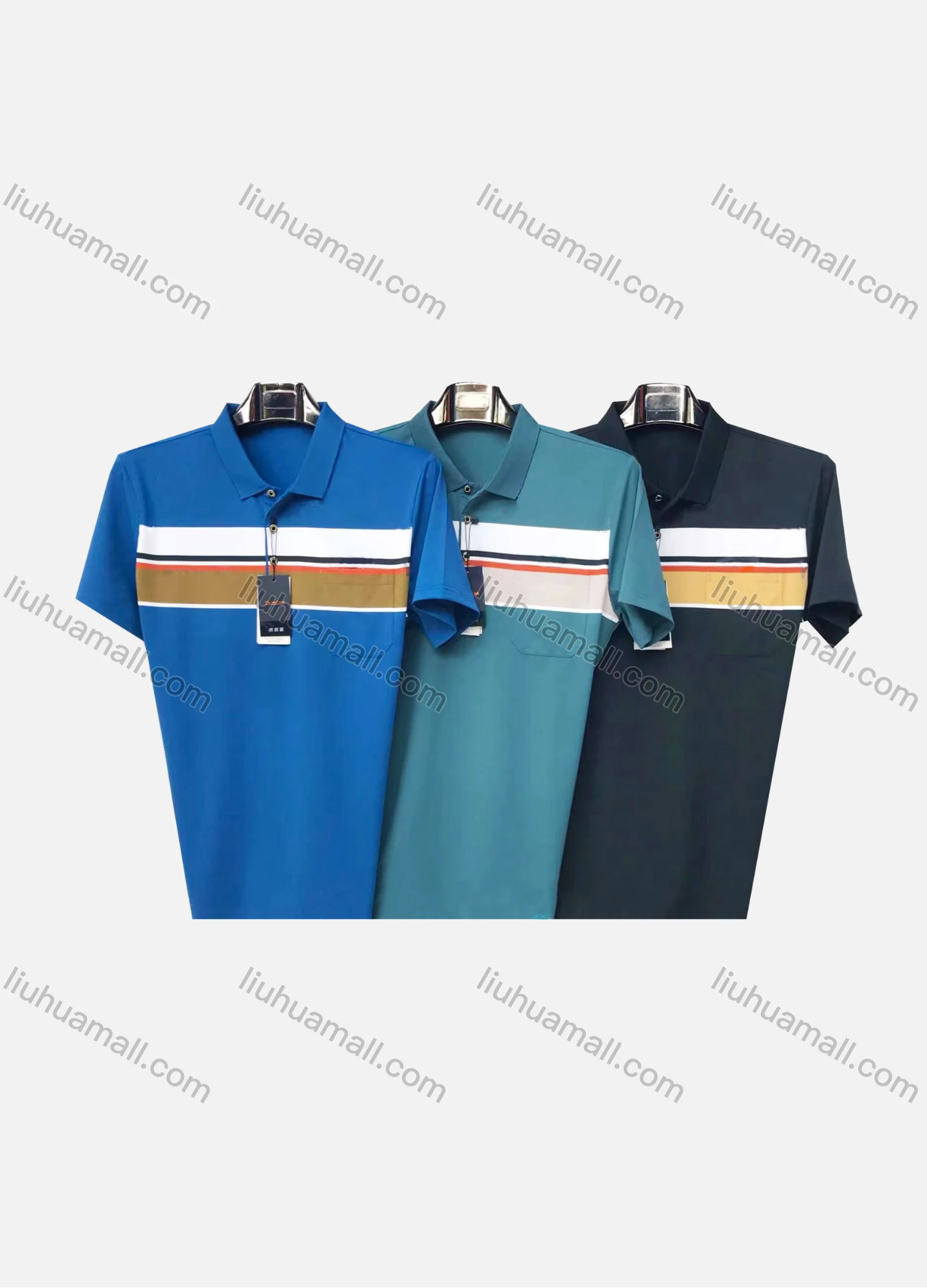 Wholesale Men's Casual Colorblock Striped Patch Pocket Short Sleeve Polo Shirt 890# - Liuhuamall