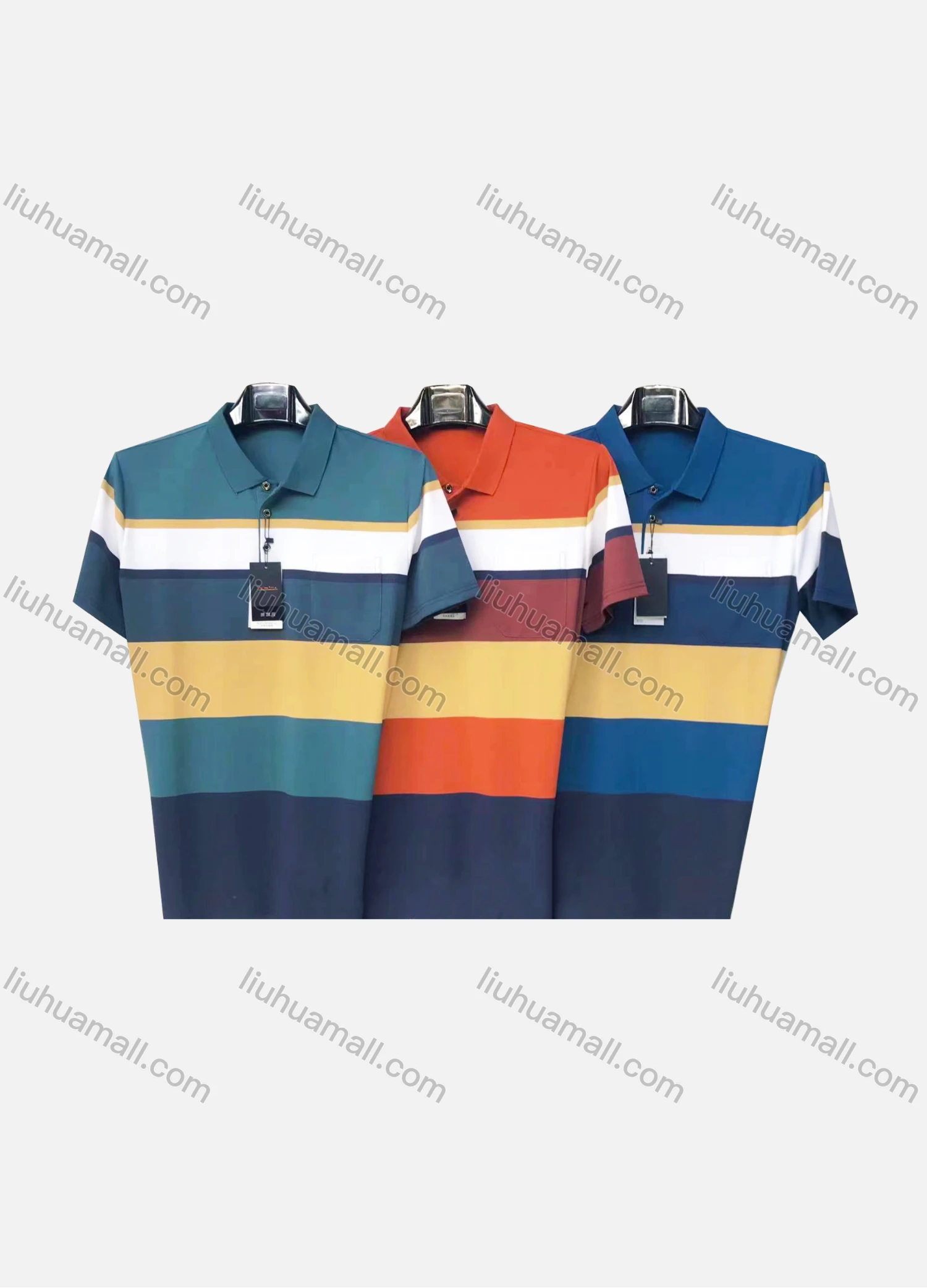 Wholesale Men's Casual Colorblock Striped Patch Pocket Short Sleeve Polo Shirt 883# - Liuhuamall
