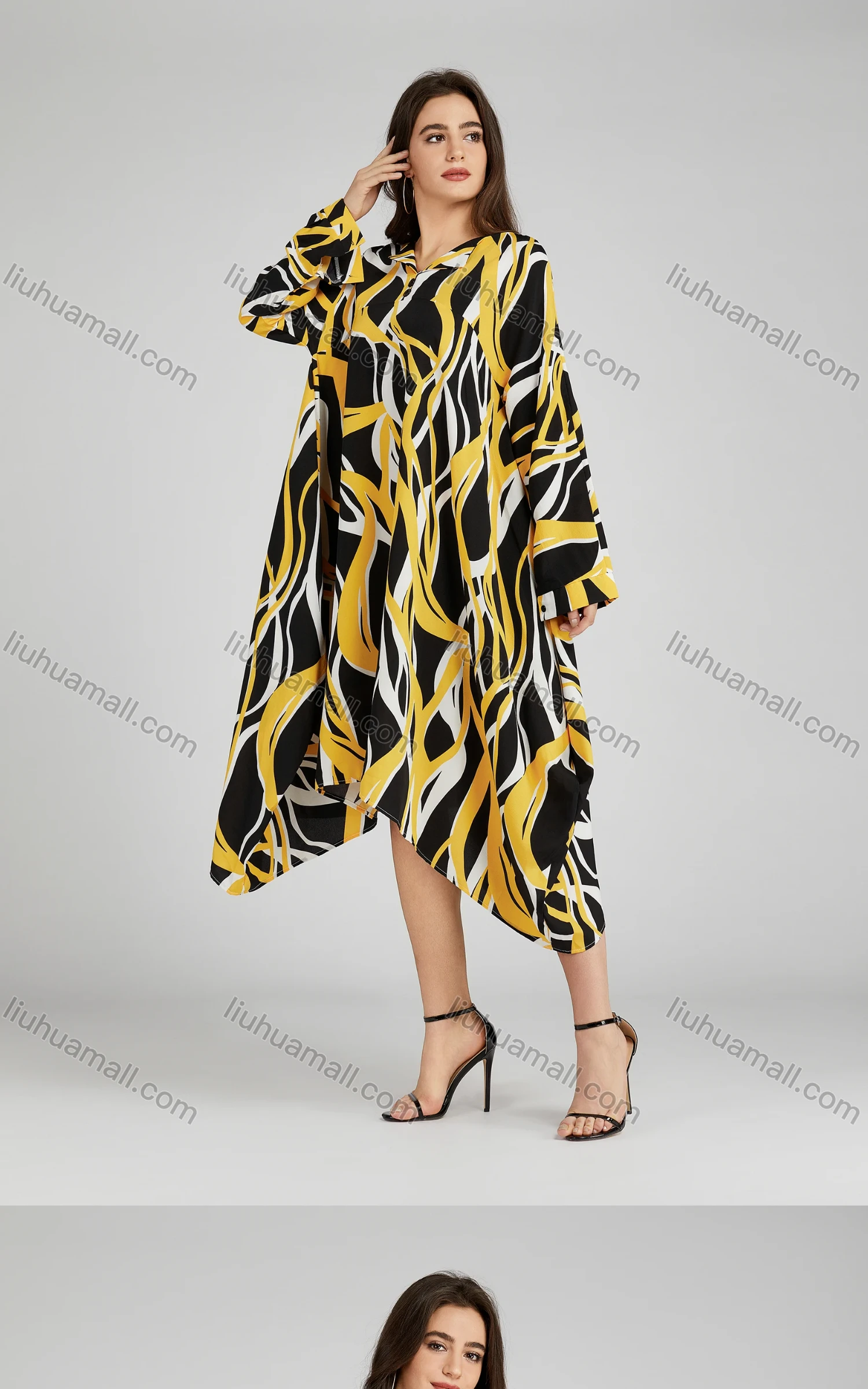 Wholesale Women's Casual Collared Shirt Sleeve High Low Hem Allover Print Loose Fit Maxi Dress 208# - Liuhuamall