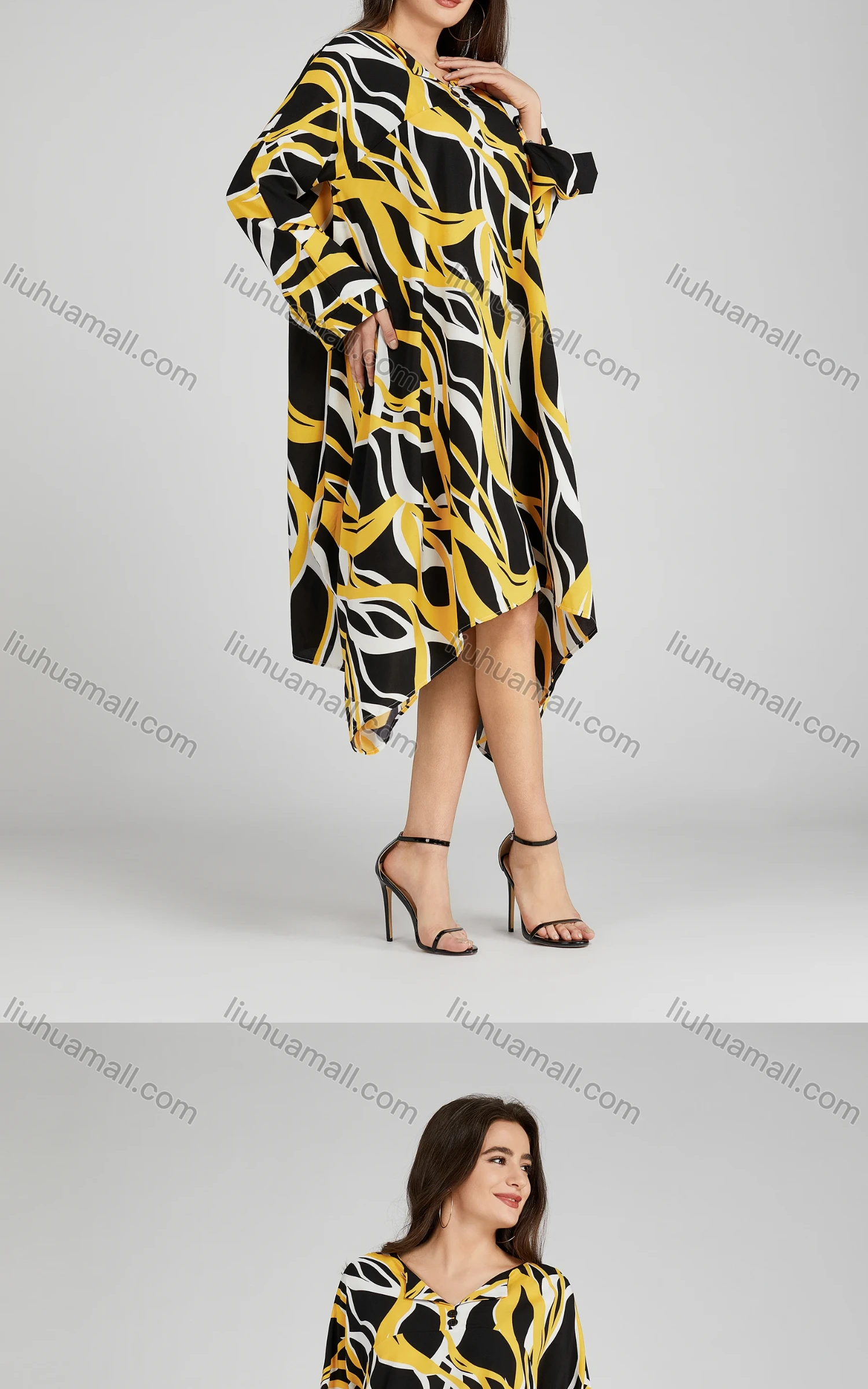 Wholesale Women's Casual Collared Shirt Sleeve High Low Hem Allover Print Loose Fit Maxi Dress 208# - Liuhuamall