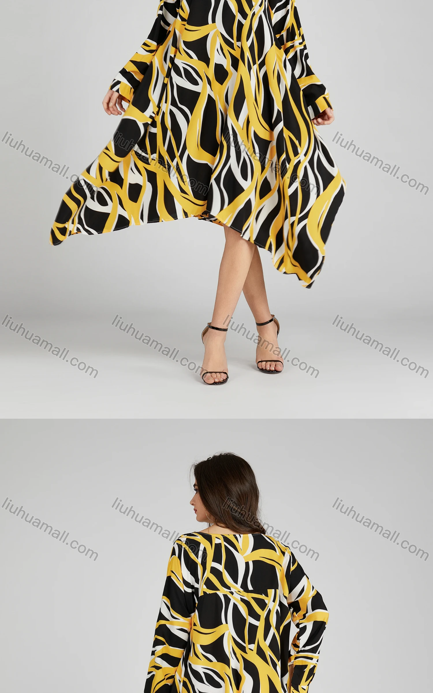 Wholesale Women's Casual Collared Shirt Sleeve High Low Hem Allover Print Loose Fit Maxi Dress 208# - Liuhuamall