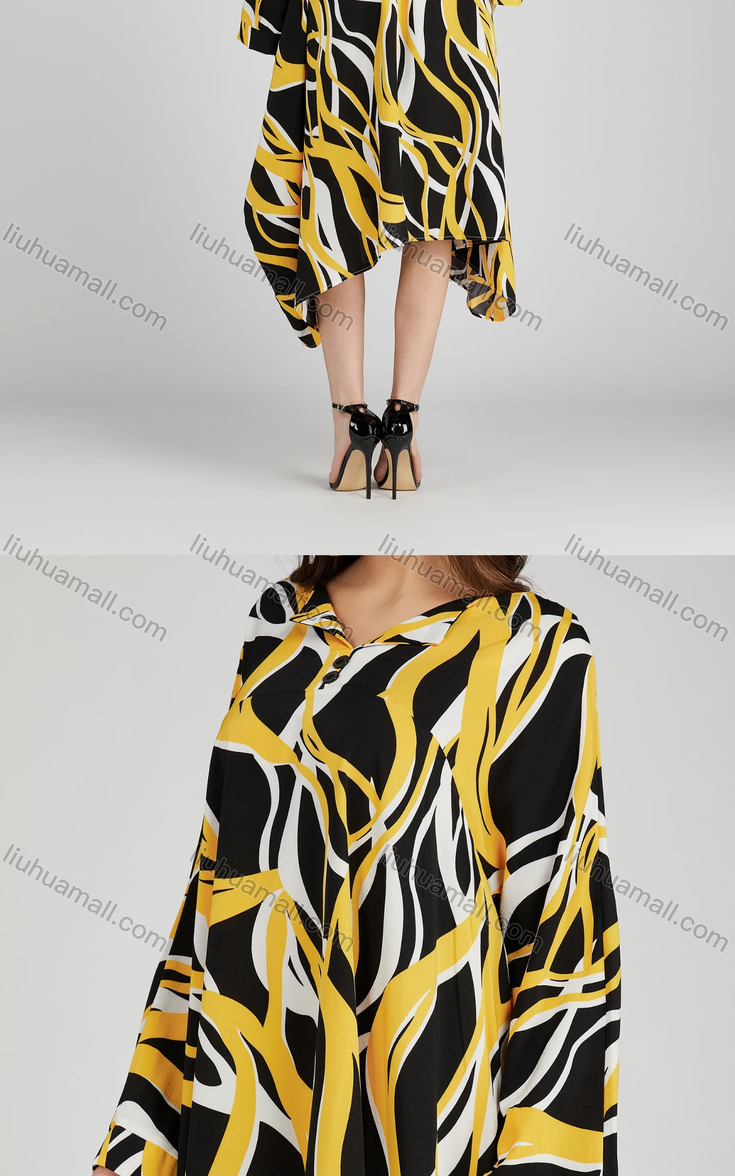 Wholesale Women's Casual Collared Shirt Sleeve High Low Hem Allover Print Loose Fit Maxi Dress 208# - Liuhuamall