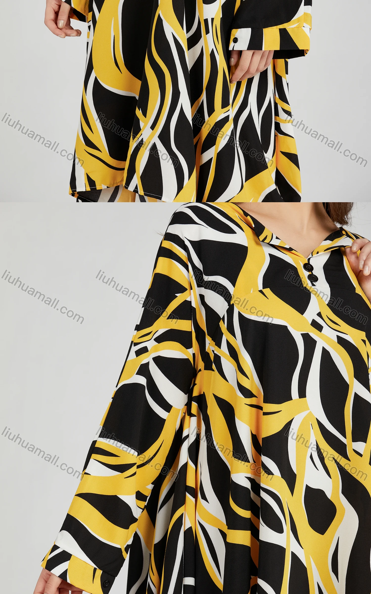 Wholesale Women's Casual Collared Shirt Sleeve High Low Hem Allover Print Loose Fit Maxi Dress 208# - Liuhuamall