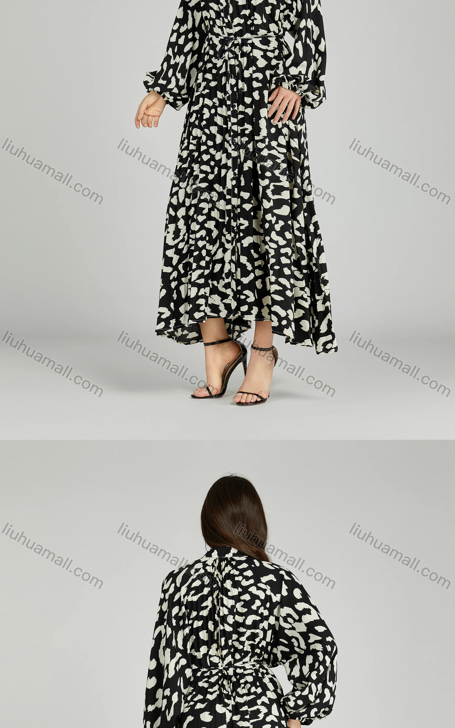 Wholesale Women's Casual Mock Neck Bishop Sleeve Allover Print Lace Up Shirt Dress 202# - Liuhuamall