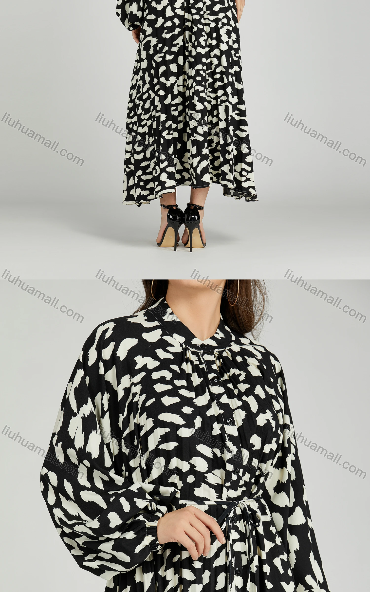 Wholesale Women's Casual Mock Neck Bishop Sleeve Allover Print Lace Up Shirt Dress 202# - Liuhuamall