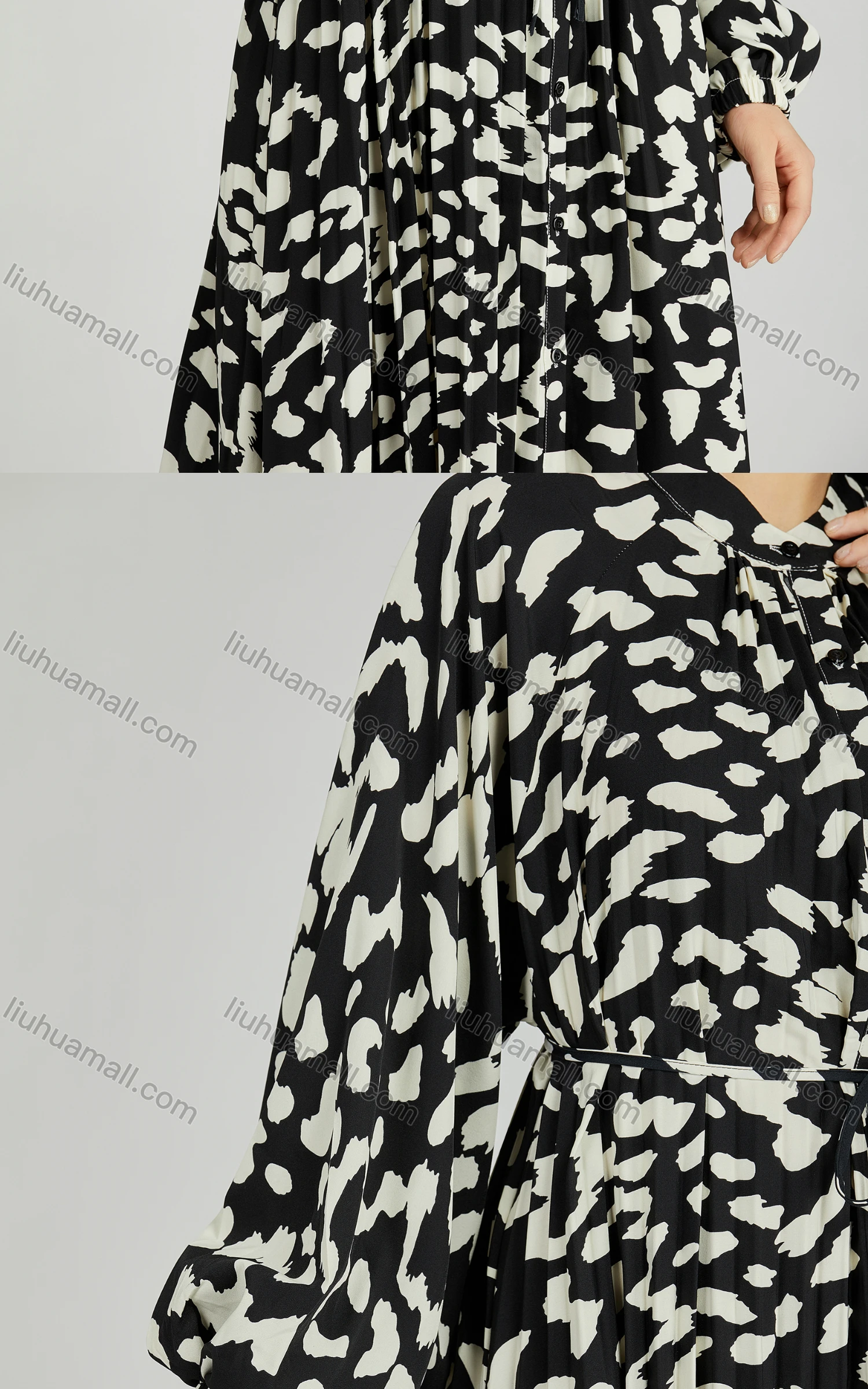 Wholesale Women's Casual Mock Neck Bishop Sleeve Allover Print Lace Up Shirt Dress 202# - Liuhuamall