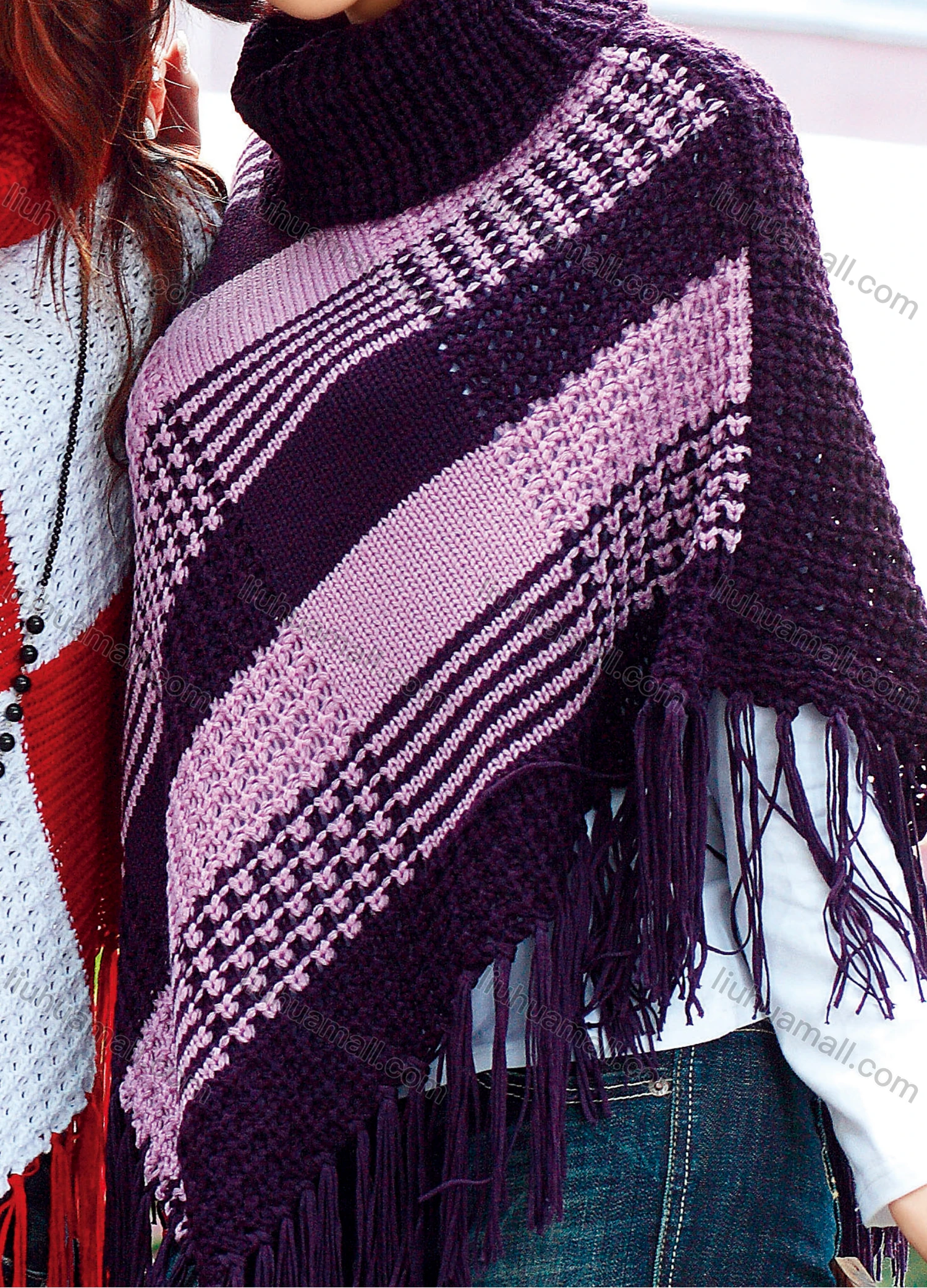 Wholesale Women's Casual Turtleneck Half Sleeve Scarf Hem Chunky Knit Striped Cape 1069# - Liuhuamall