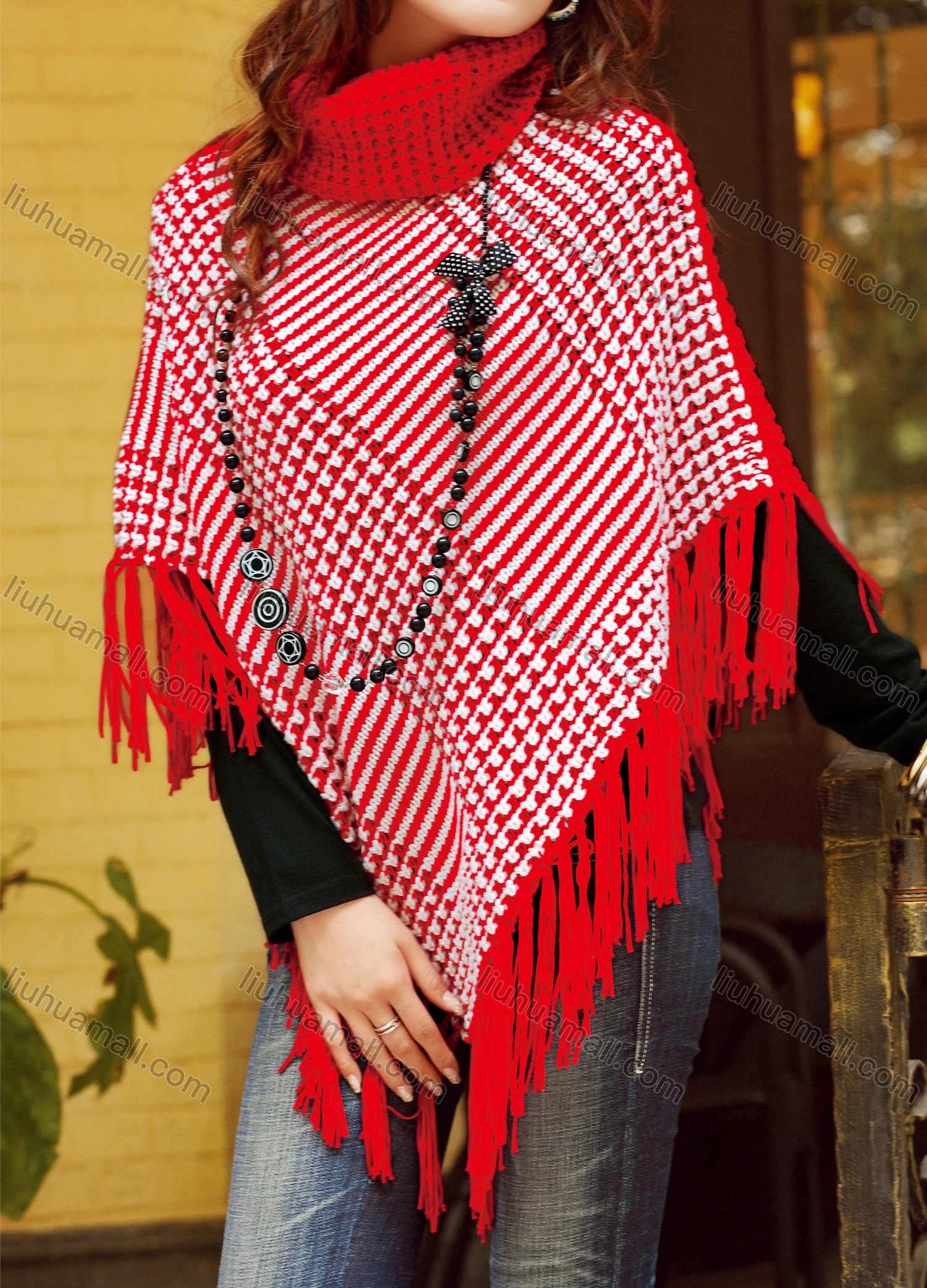 Wholesale Women's Casual Turtleneck Half Sleeve Scarf Hem Striped Chunky Knit Cape 1468# - Liuhuamall