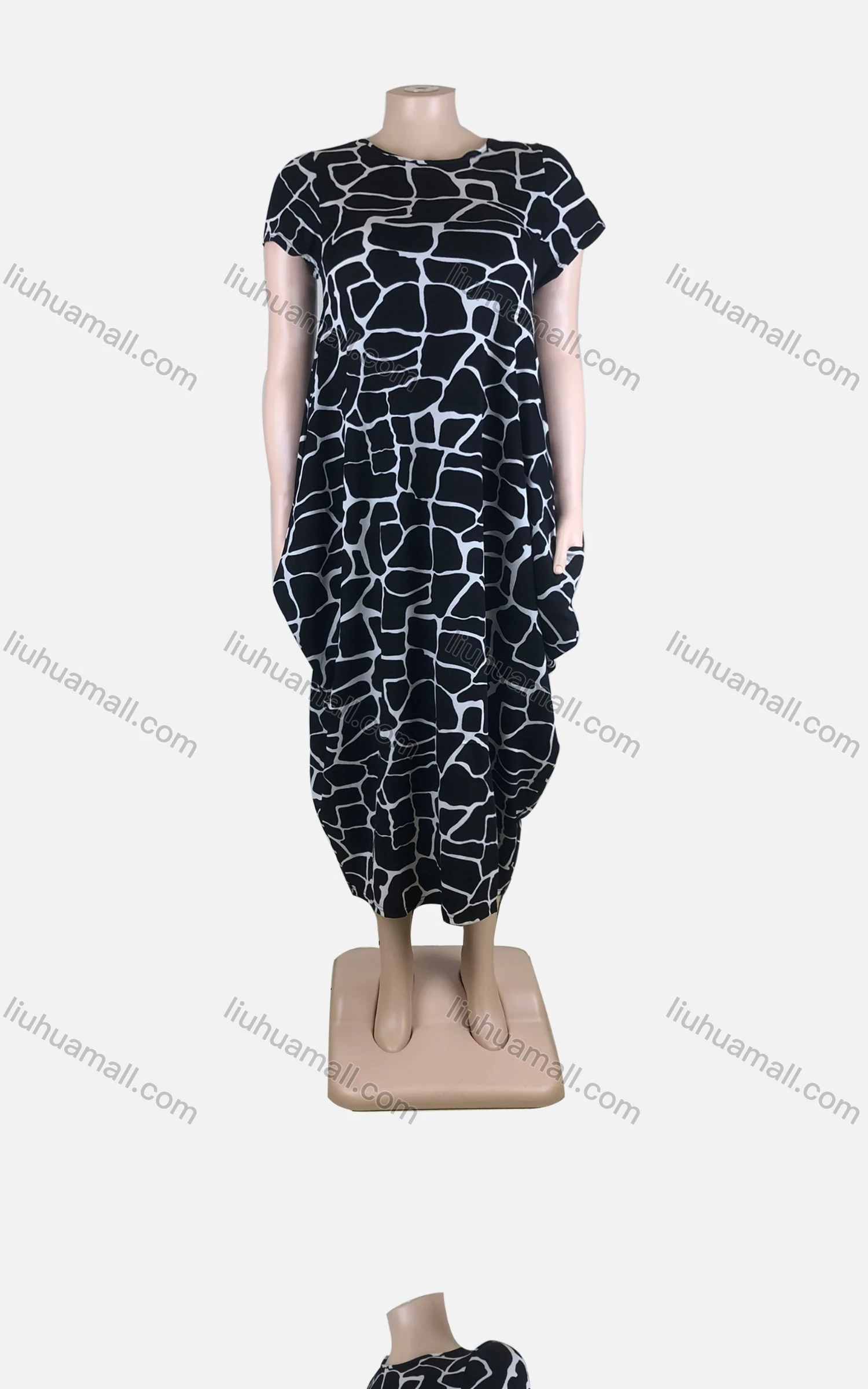 Wholesale Women's African Plus Size Crew Neck Short Sleeve Pockets Loose Fit Dress 8815# - Liuhuamall