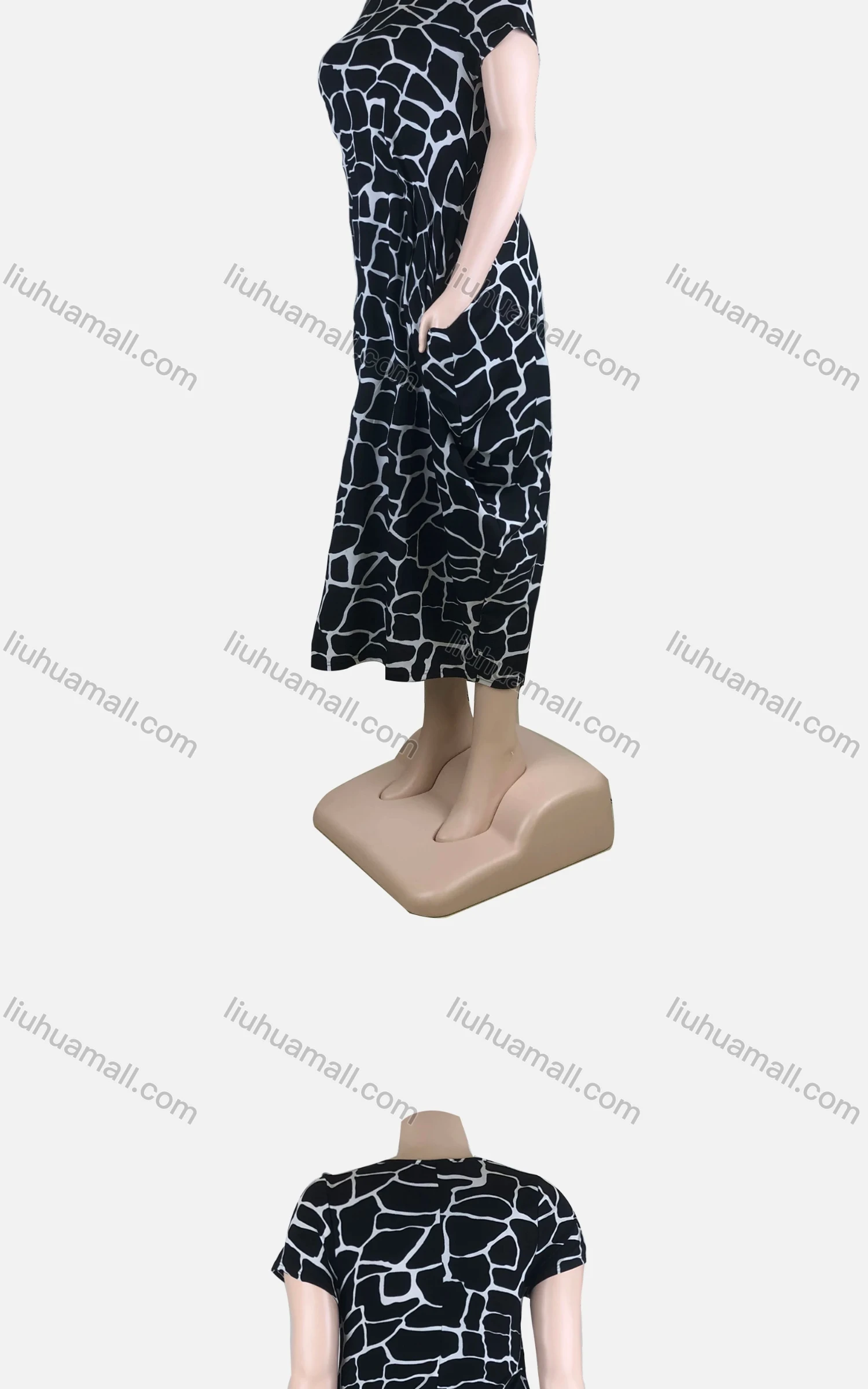 Wholesale Women's African Plus Size Crew Neck Short Sleeve Pockets Loose Fit Dress 8815# - Liuhuamall