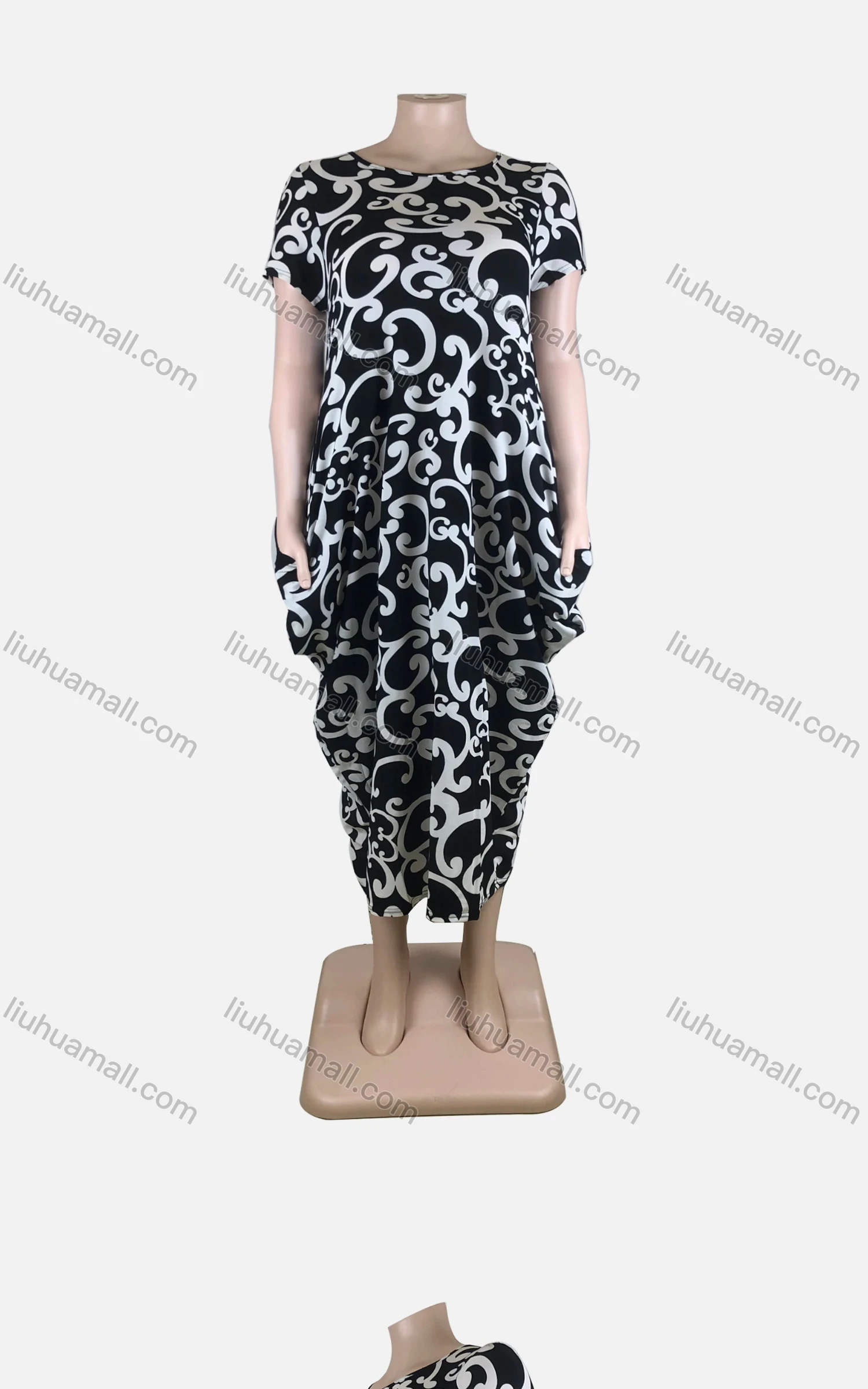 Wholesale Women's African Plus Size Crew Neck Short Sleeve Pockets Loose Fit Dress 8816# - Liuhuamall