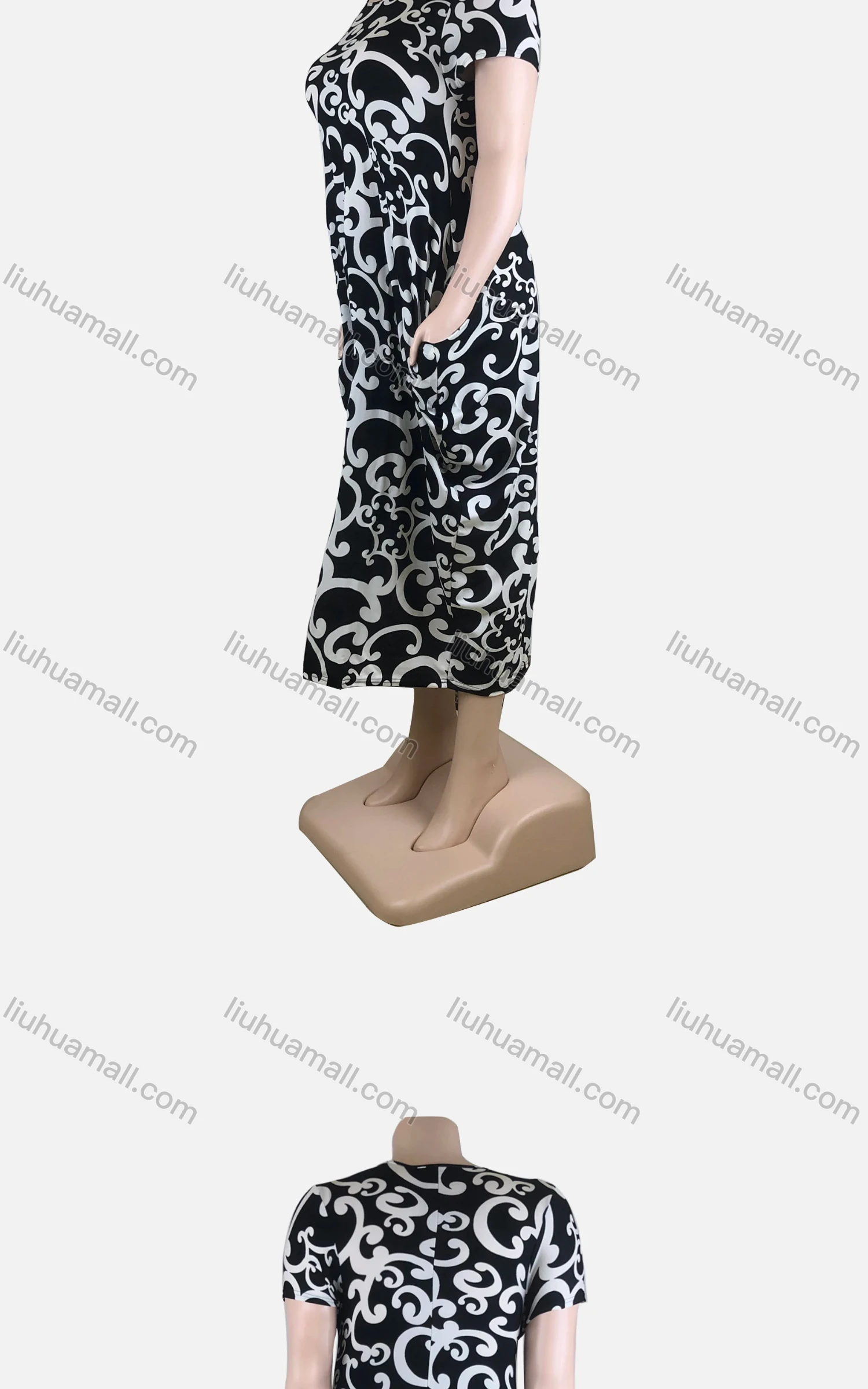 Wholesale Women's African Plus Size Crew Neck Short Sleeve Pockets Loose Fit Dress 8816# - Liuhuamall