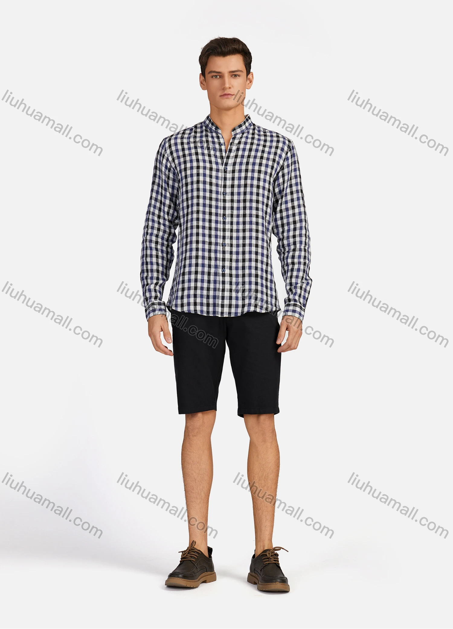 Wholesale Men's Casual Plaid Print Button Down Buckle Strap Cuff Mock Neck Long Sleeve Shirts 886# - Liuhuamall