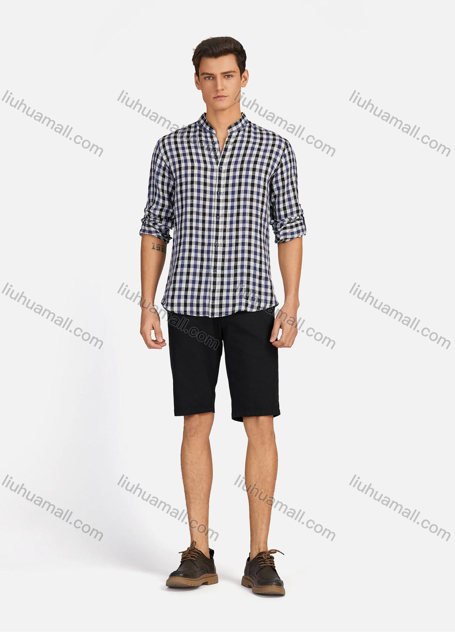 Wholesale Men's Casual Plaid Print Button Down Buckle Strap Cuff Mock Neck Long Sleeve Shirts 886# - Liuhuamall