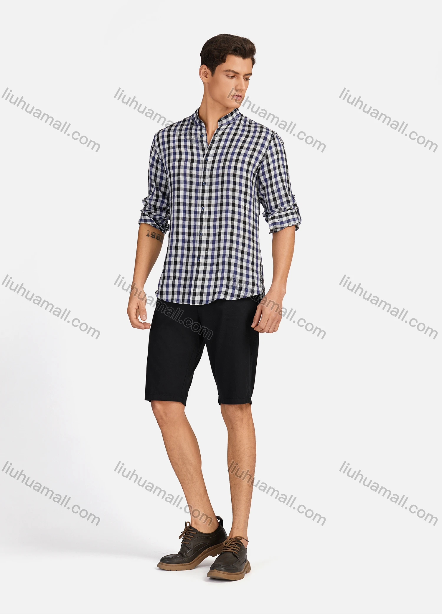 Wholesale Men's Casual Plaid Print Button Down Buckle Strap Cuff Mock Neck Long Sleeve Shirts 886# - Liuhuamall