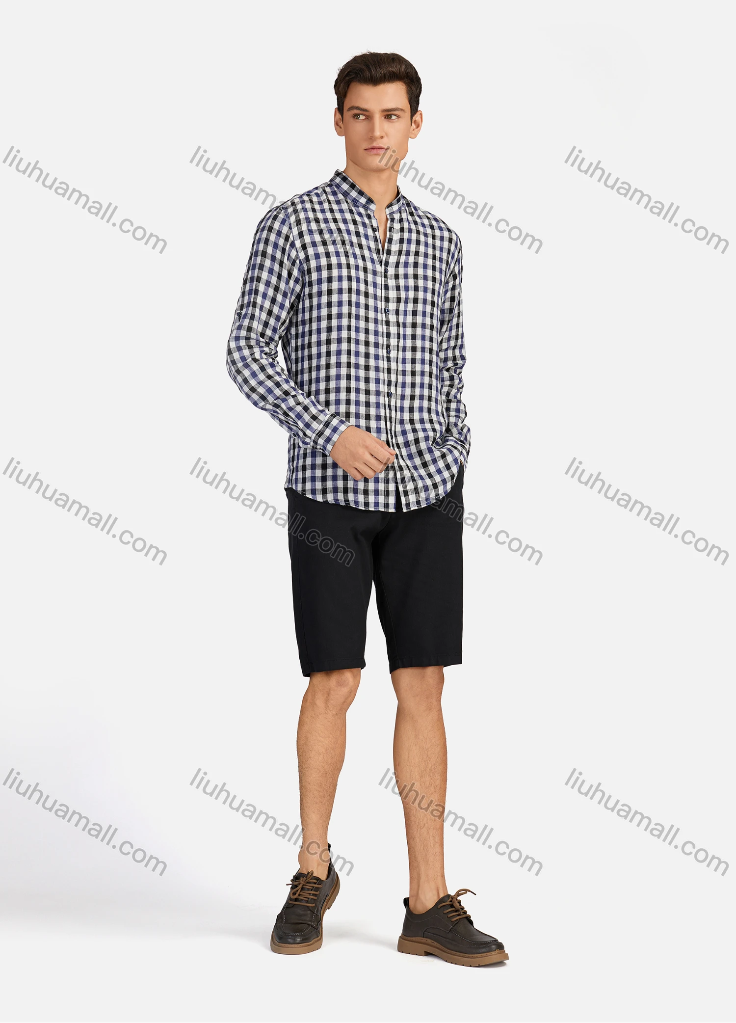 Wholesale Men's Casual Plaid Print Button Down Buckle Strap Cuff Mock Neck Long Sleeve Shirts 886# - Liuhuamall