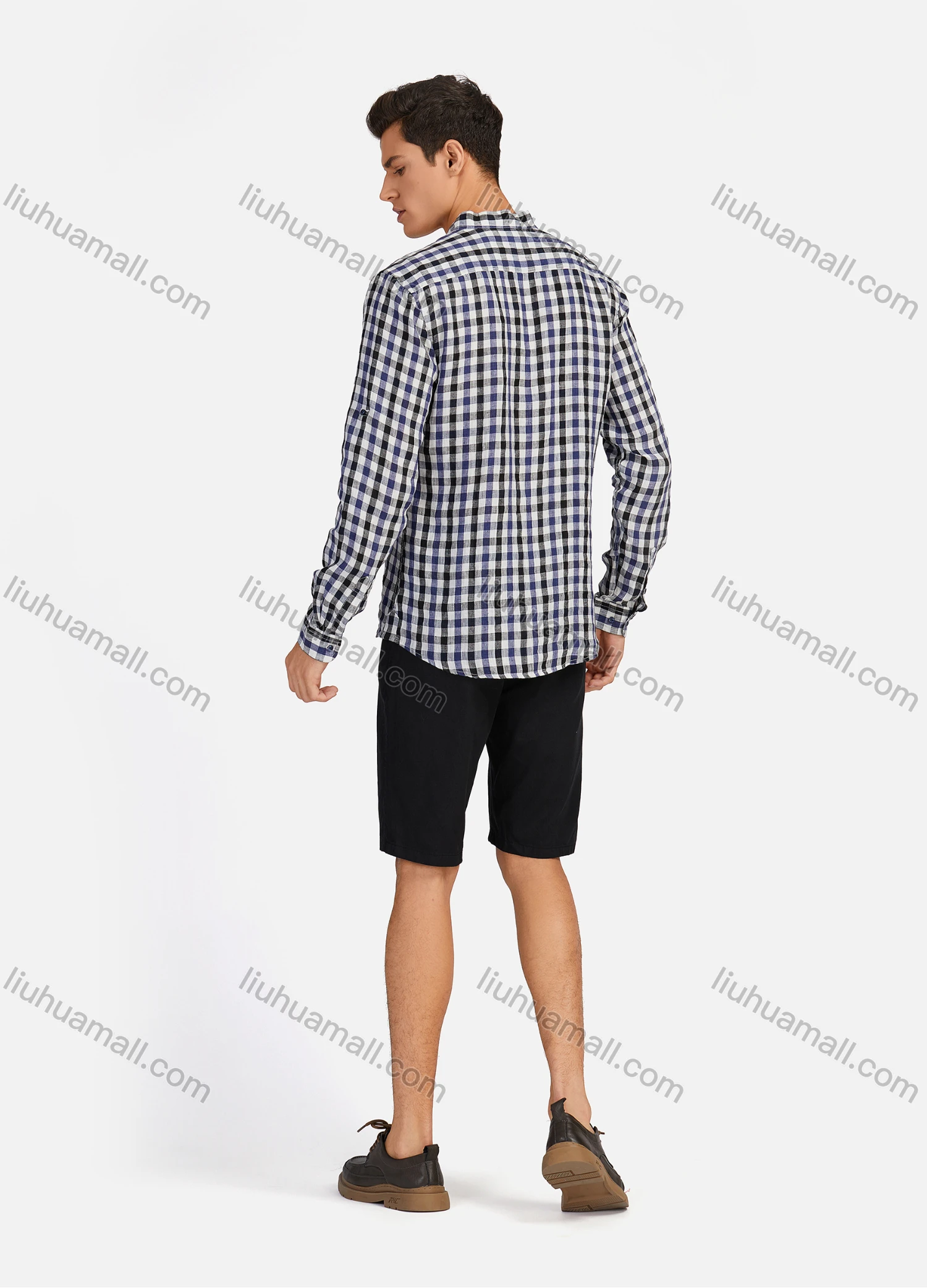 Wholesale Men's Casual Plaid Print Button Down Buckle Strap Cuff Mock Neck Long Sleeve Shirts 886# - Liuhuamall