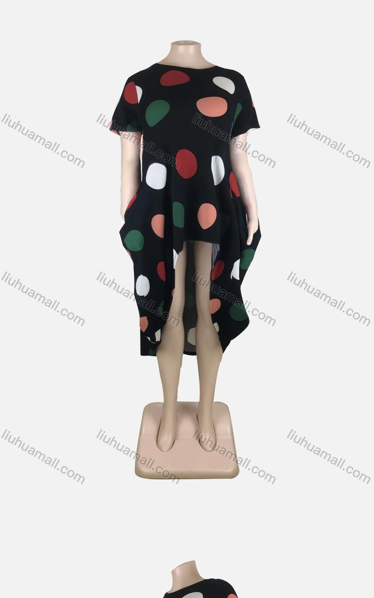 Wholesale Women's African Plus Size Crew Neck Short Sleeve Asymmetrical Hem Pockets Loose Fit Dress 8819# - Liuhuamall